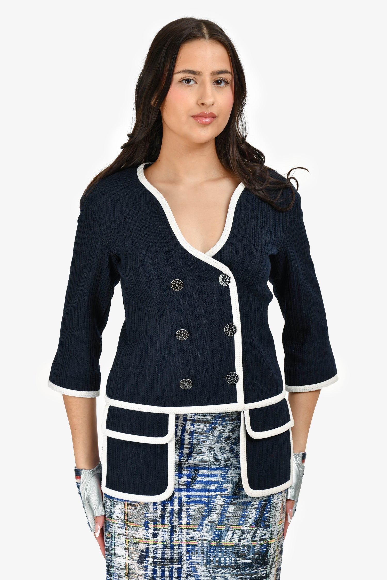 Chanel™ Navy/White Textured Cotton Jacket Size 40