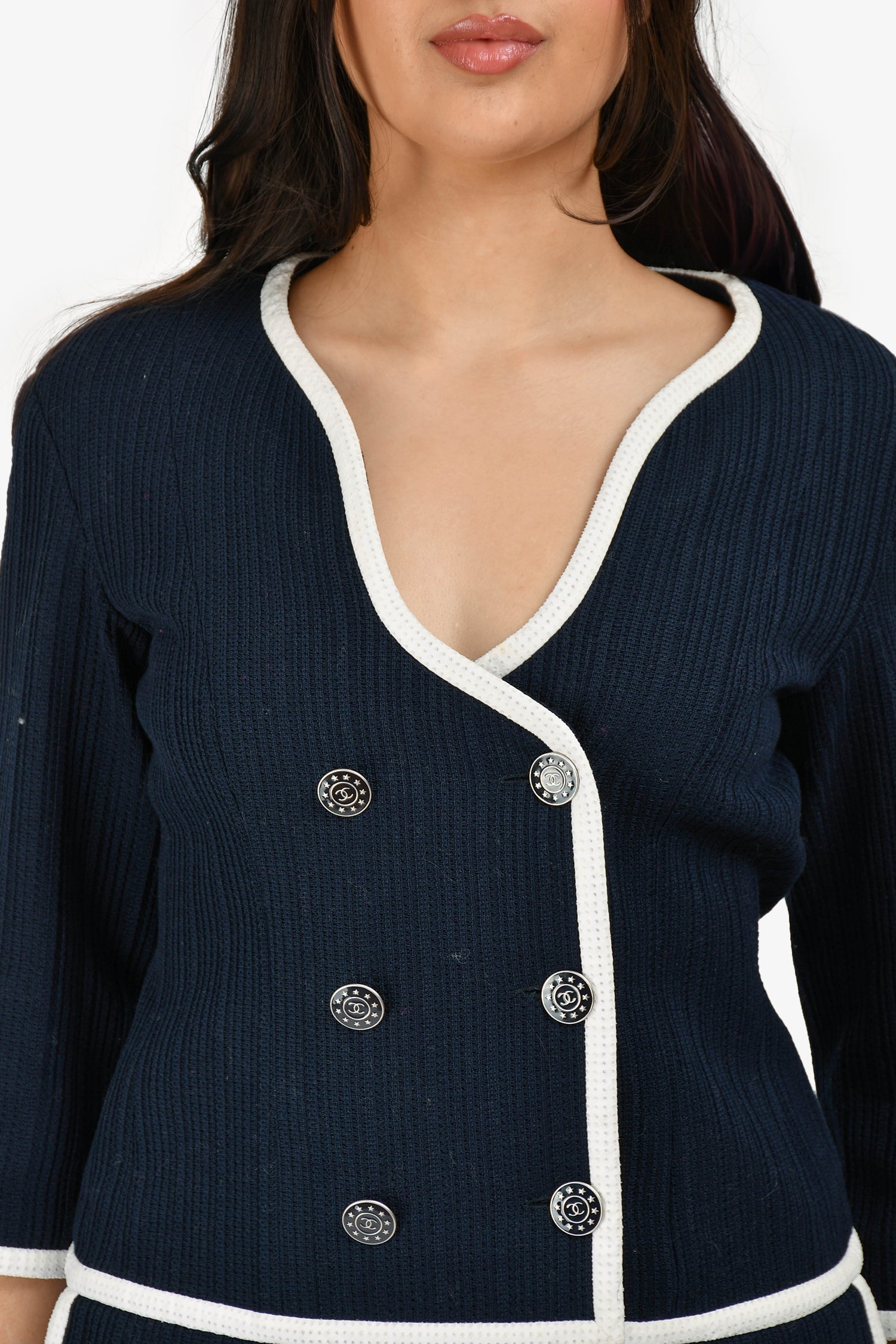 Chanel™ Navy/White Textured Cotton Jacket Size 40