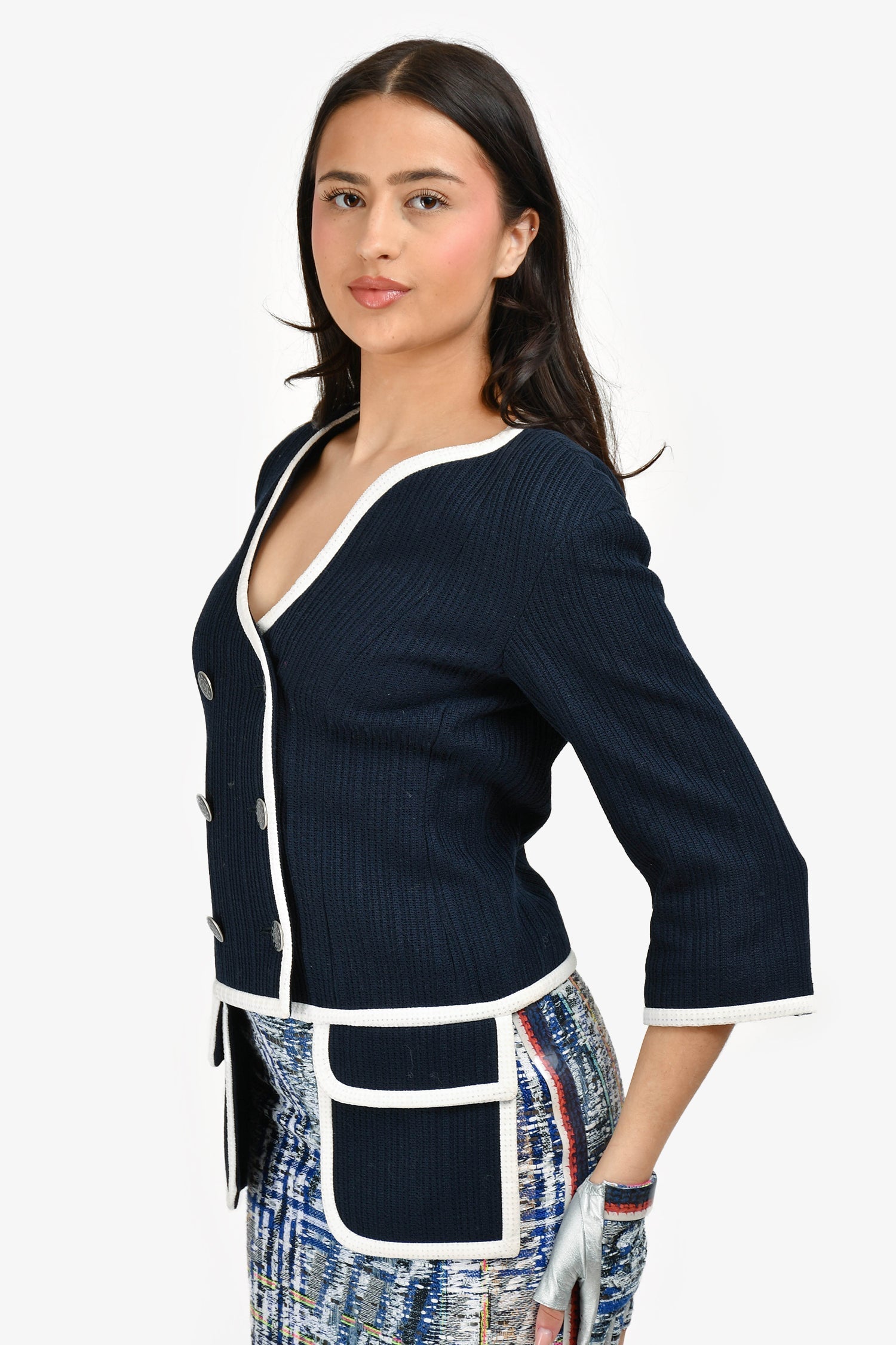 Chanel™ Navy/White Textured Cotton Jacket Size 40