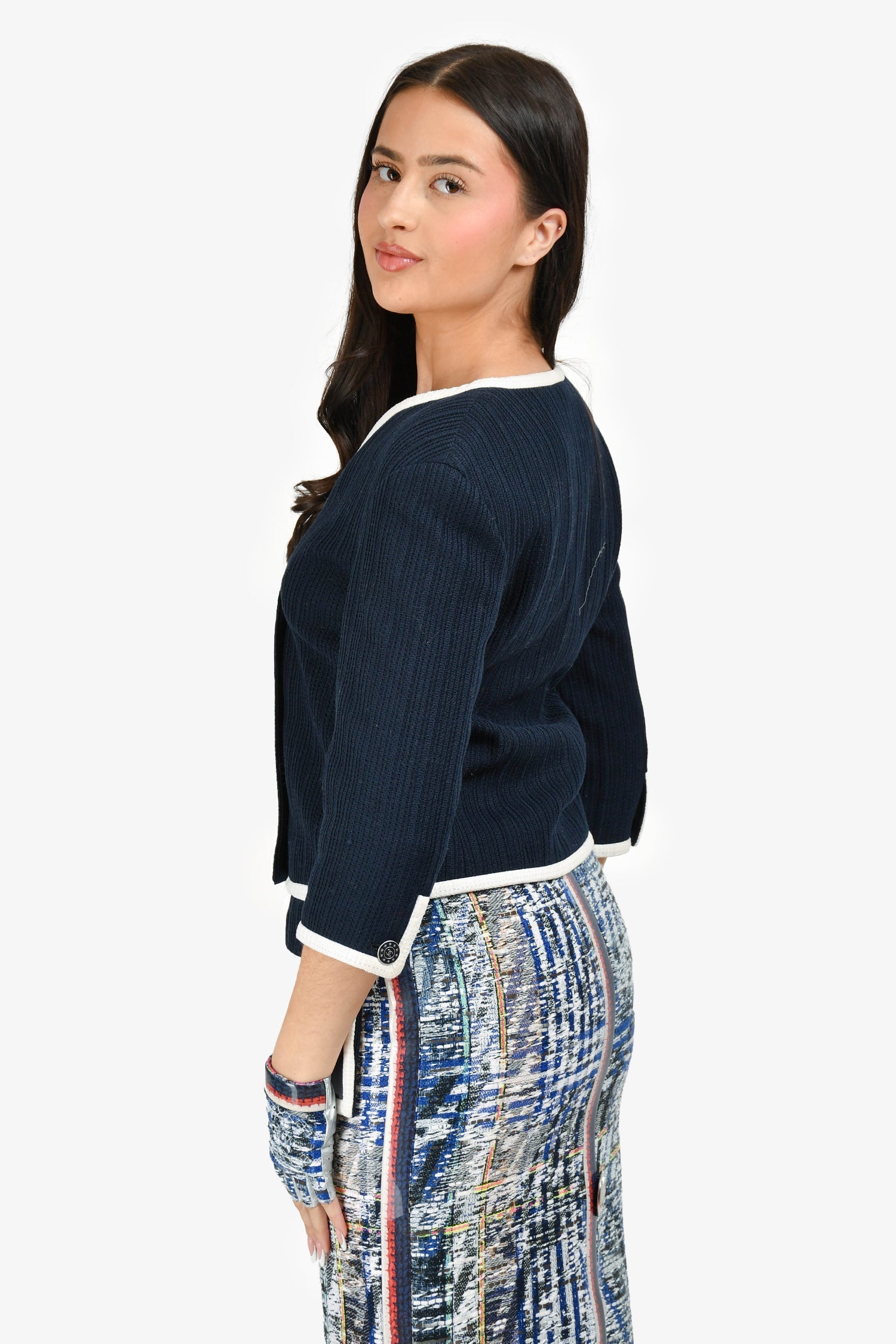 Chanel™ Navy/White Textured Cotton Jacket Size 40