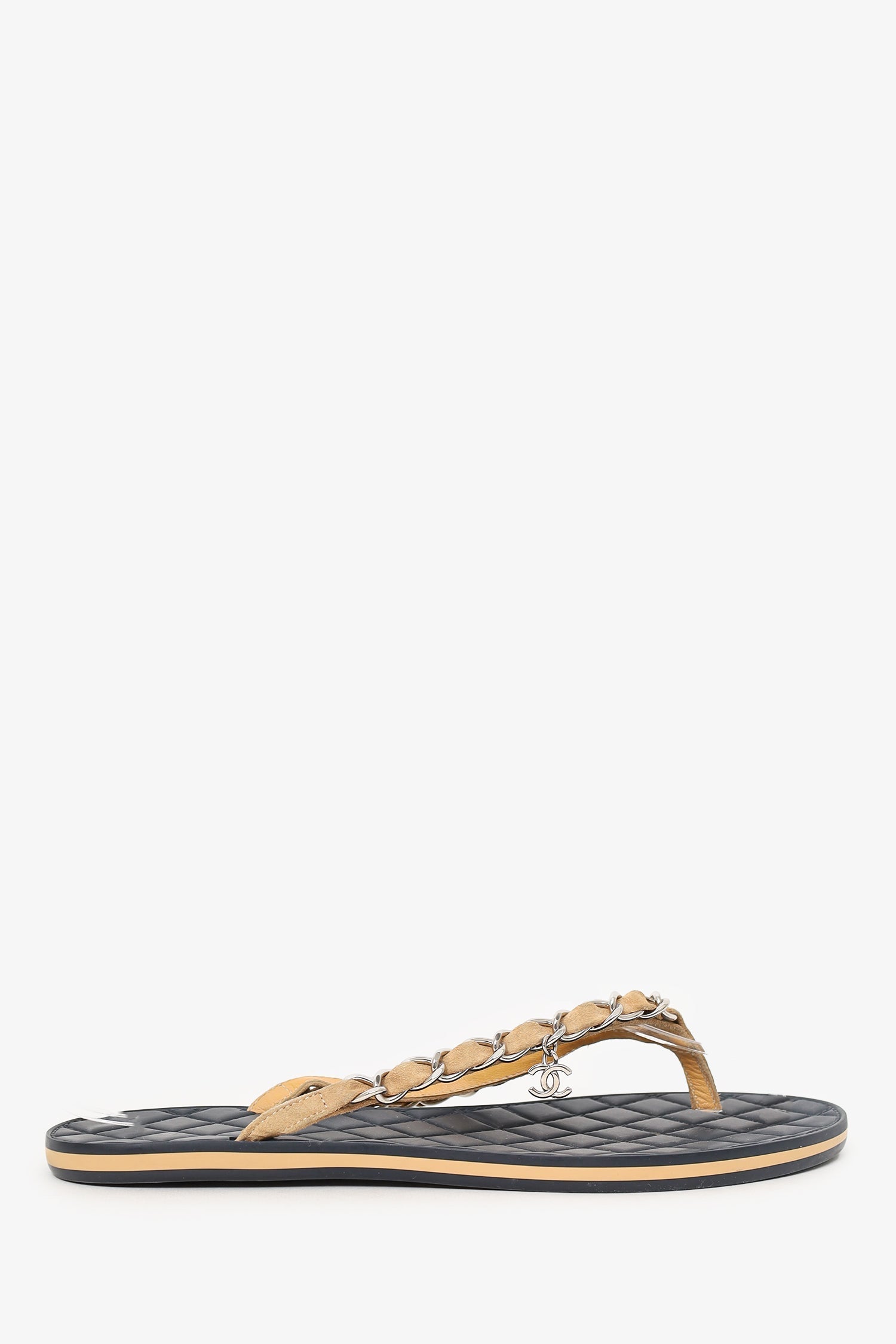 Chanel™ Beige Chain Detail Flip Flops Size 36.5