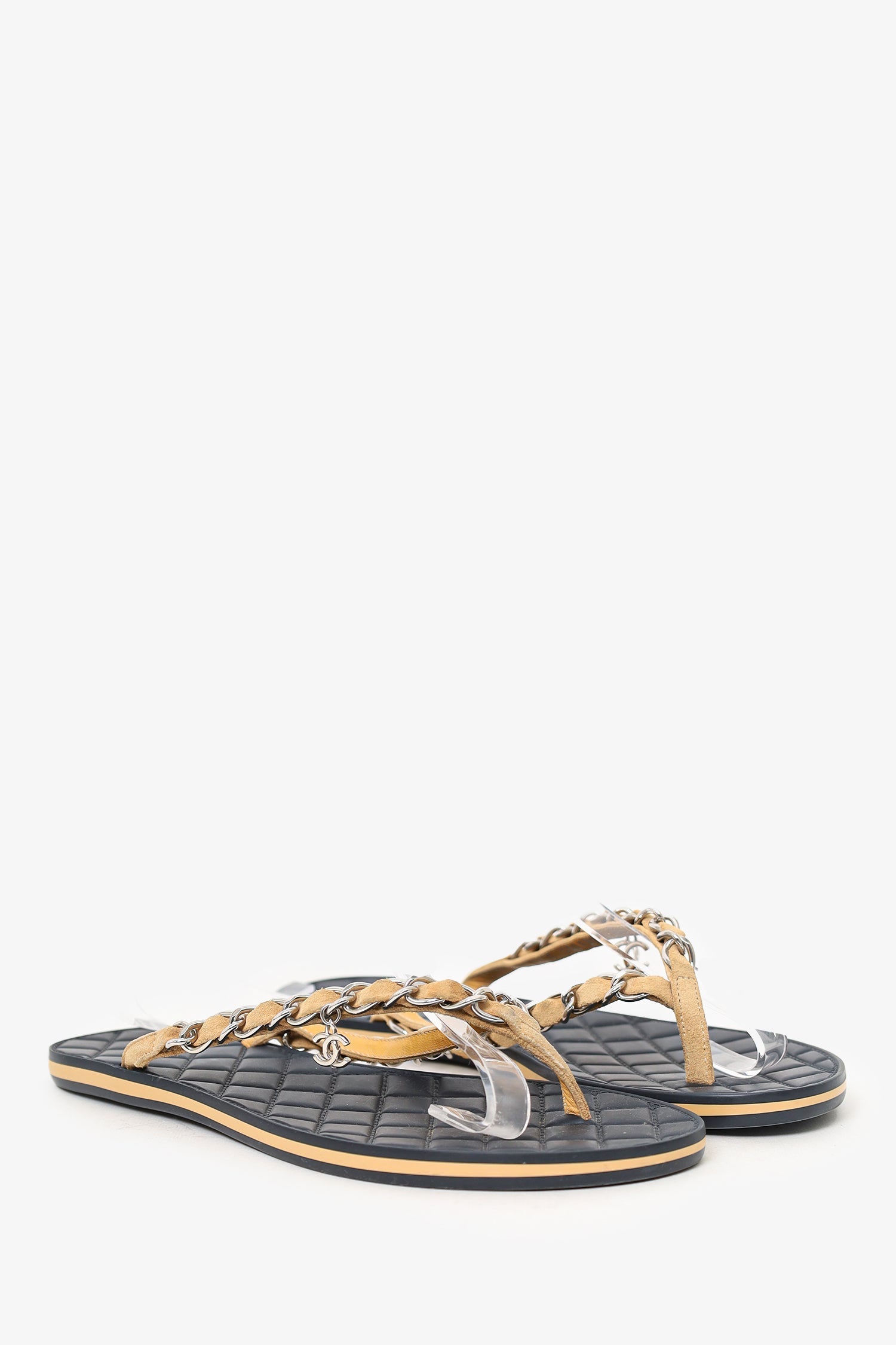 Chanel™ Beige Chain Detail Flip Flops Size 36.5