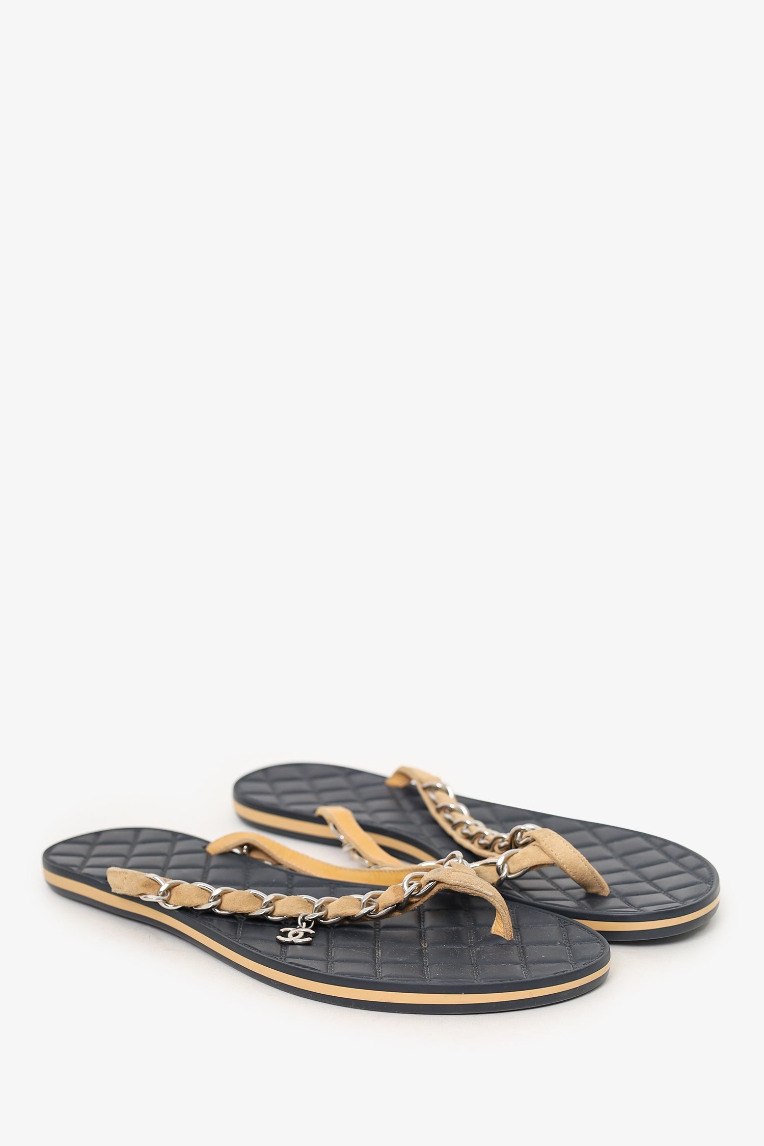 Chanel™ Beige Chain Detail Flip Flops Size 36.5