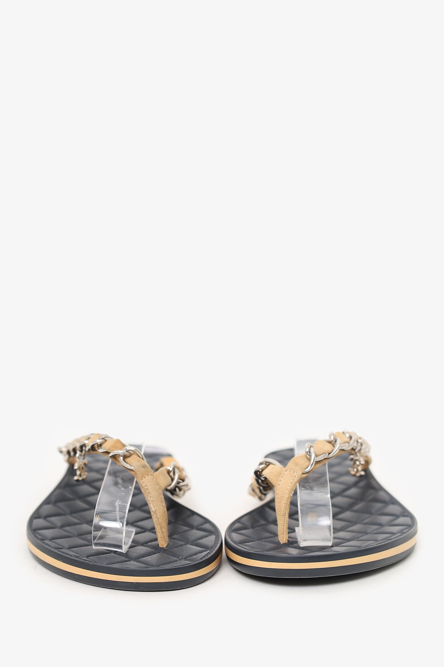 Chanel™ Beige Chain Detail Flip Flops Size 36.5