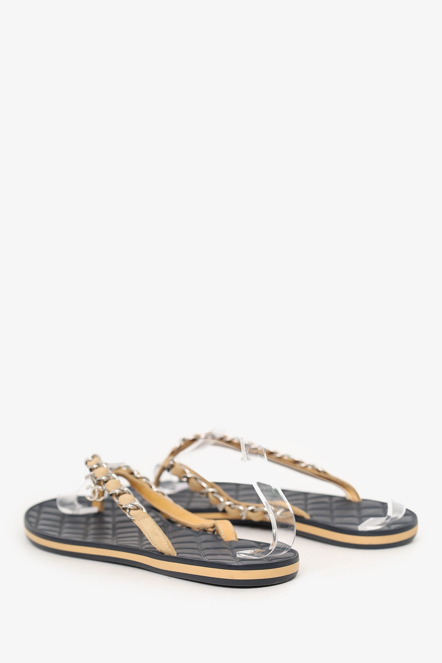 Chanel™ Beige Chain Detail Flip Flops Size 36.5