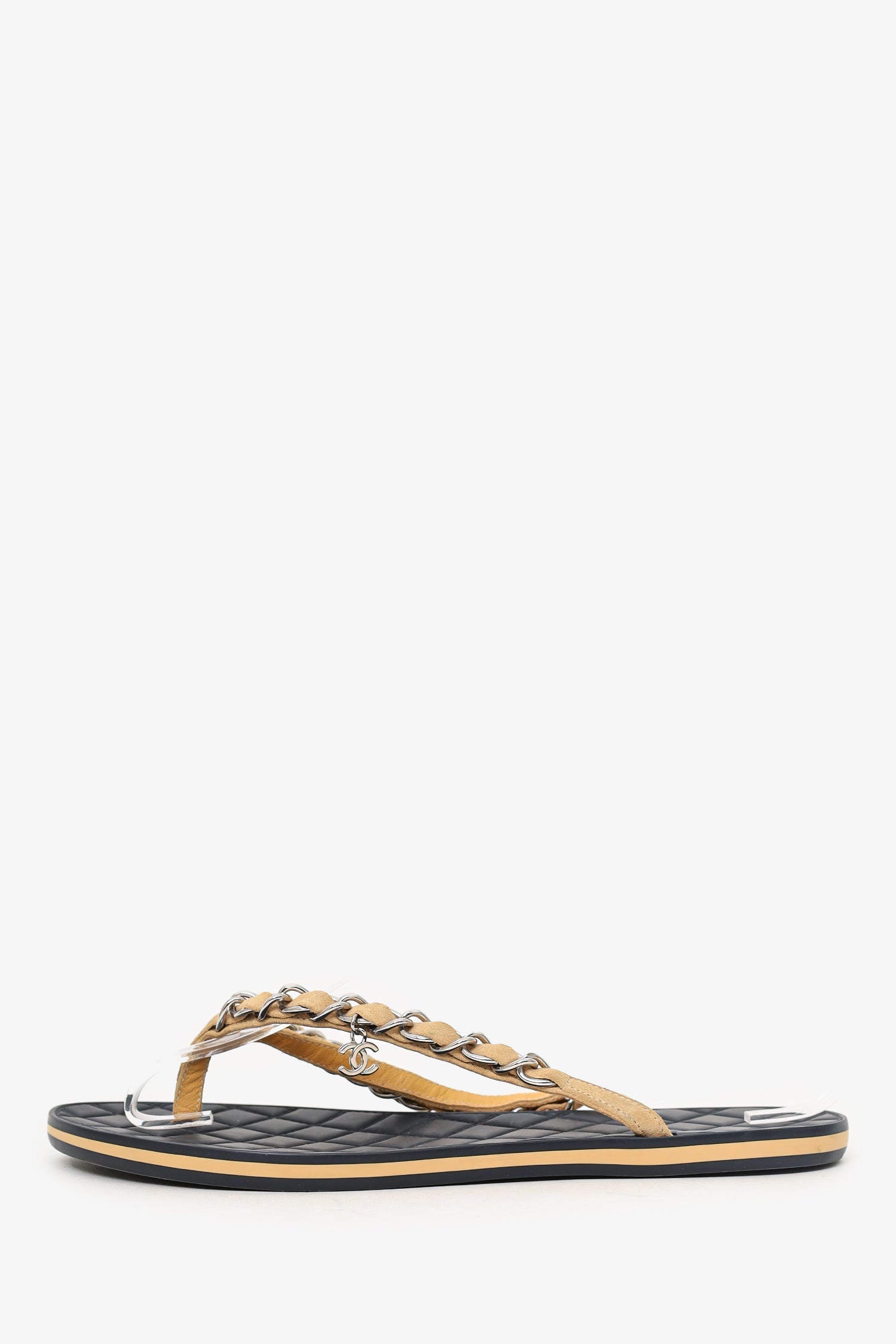 Chanel™ Beige Chain Detail Flip Flops Size 36.5