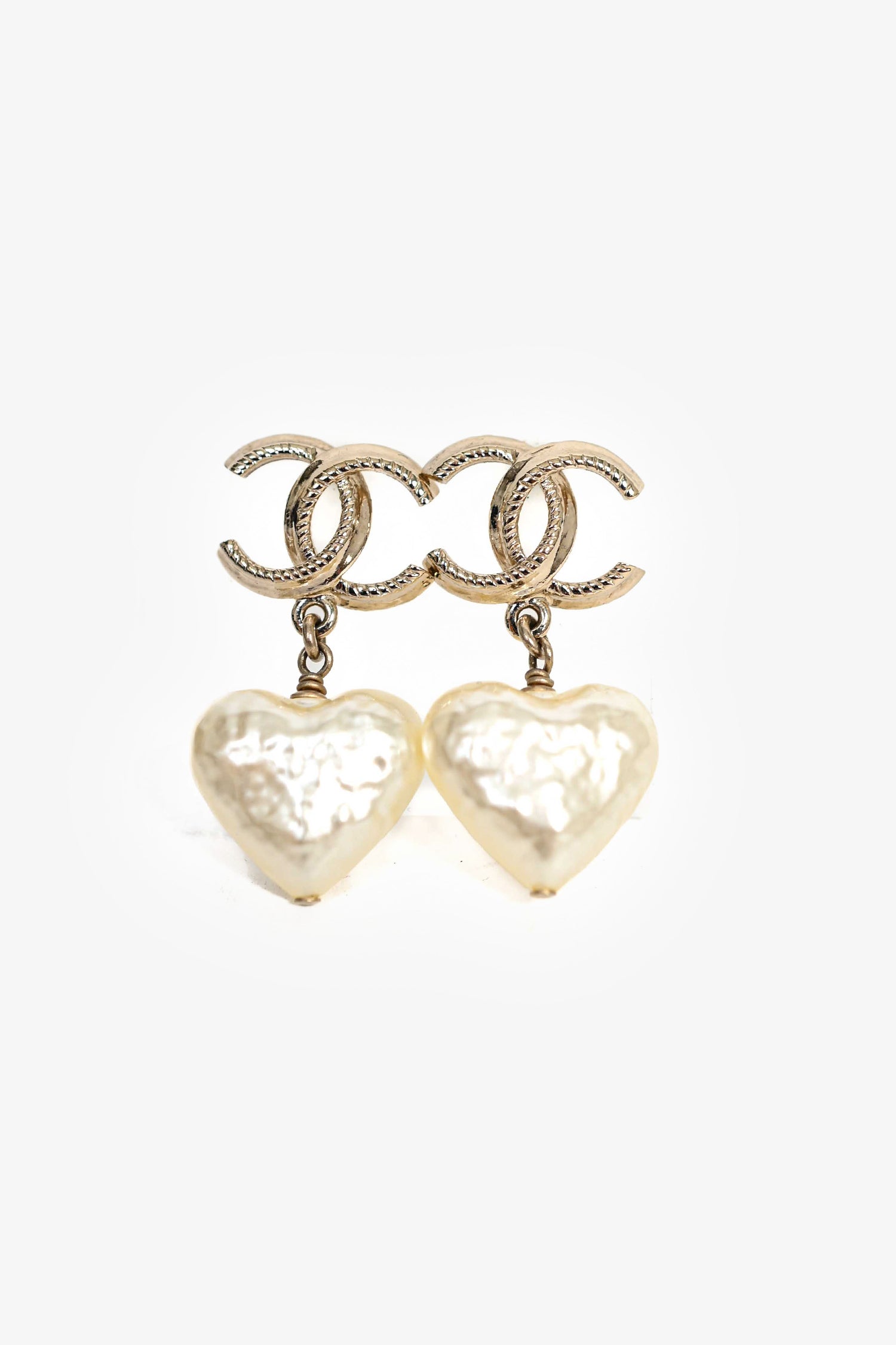 Chanel™ 2022 Gold Tone Faux Pearl Heart CC Drop Earrings