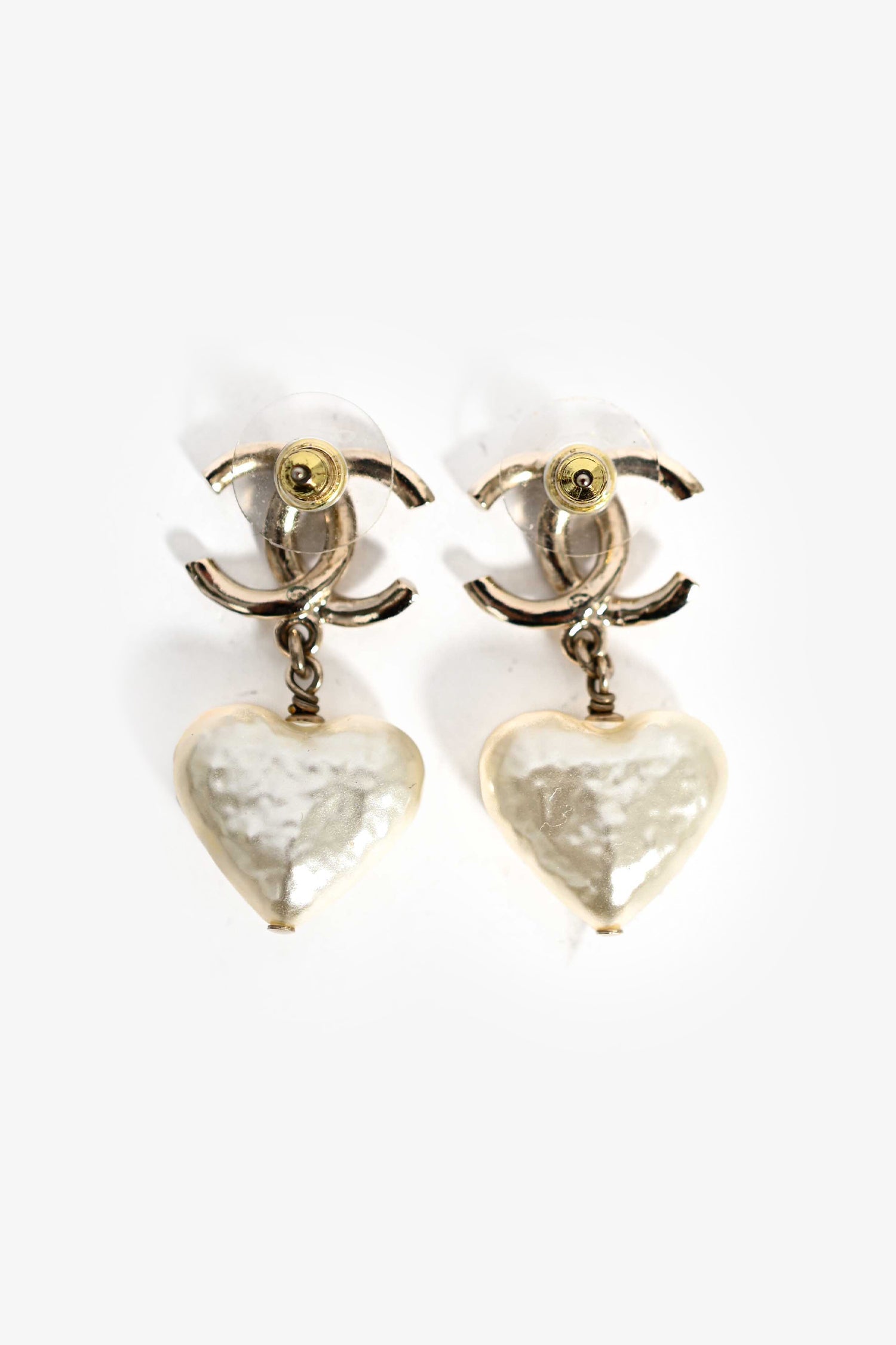 Chanel™ 2022 Gold Tone Faux Pearl Heart CC Drop Earrings