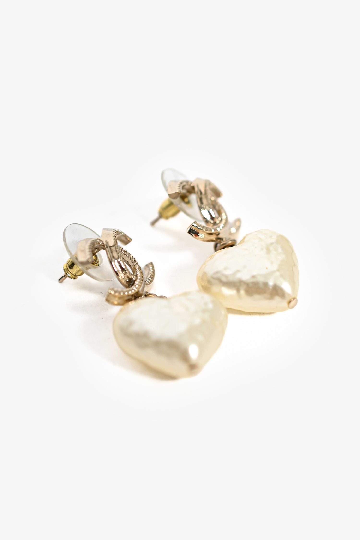 Chanel™ 2022 Gold Tone Faux Pearl Heart CC Drop Earrings