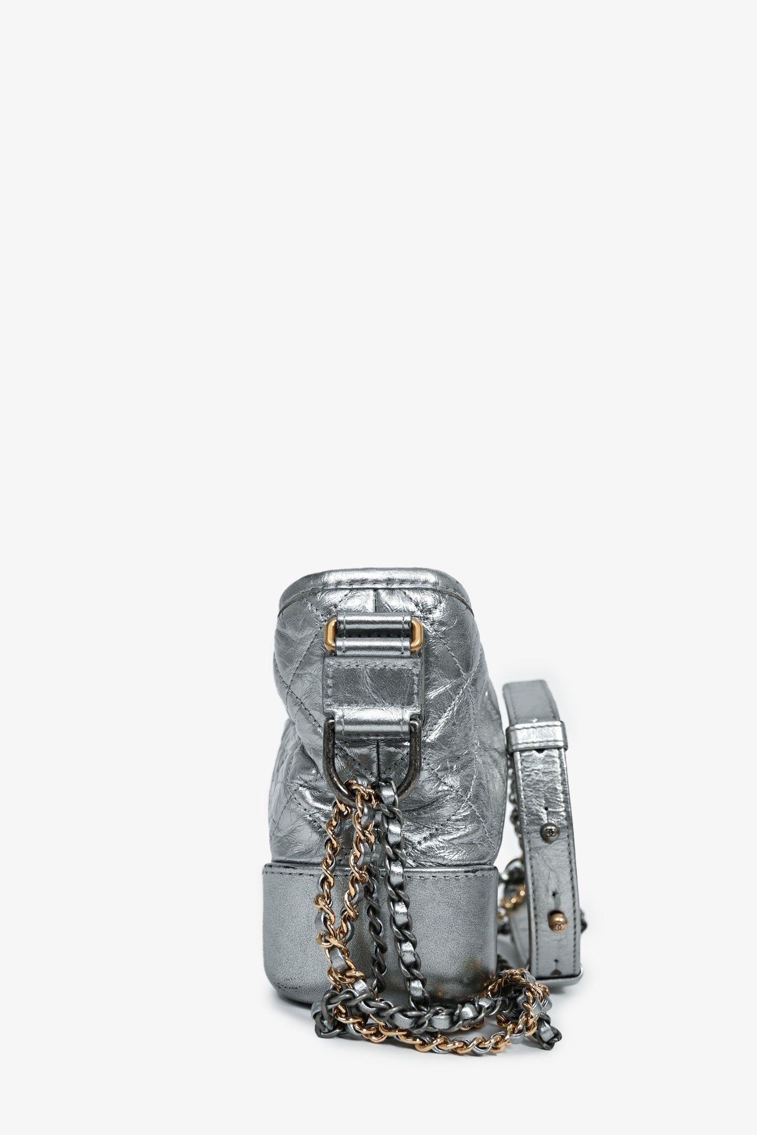 Chanel™ 2017-18 Silver Calfskin Small Gabrielle Hobo Multi-Chain Bag (As Is)