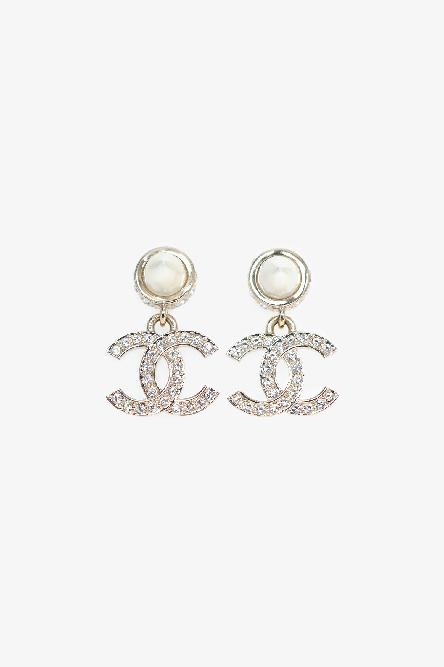 Chanel™ 2022 Gold Toned Pearl Crystal CC Drop Earring