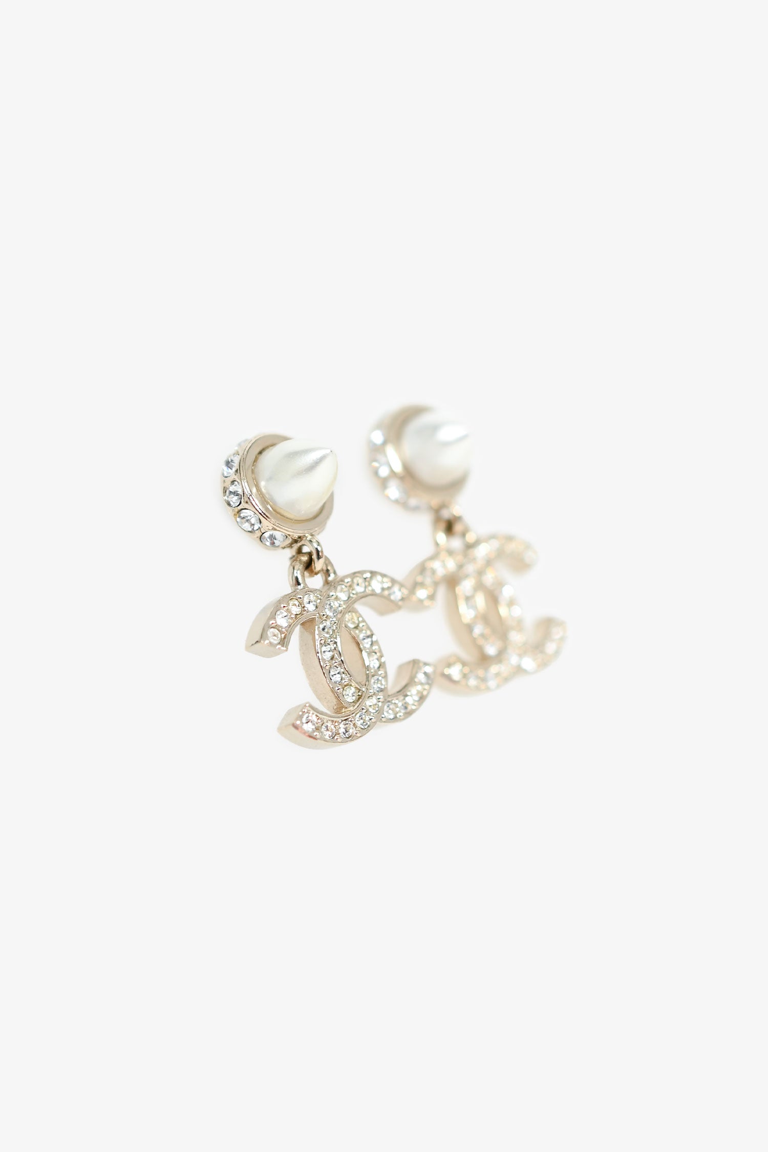 Chanel™ 2022 Gold Toned Pearl Crystal CC Drop Earring