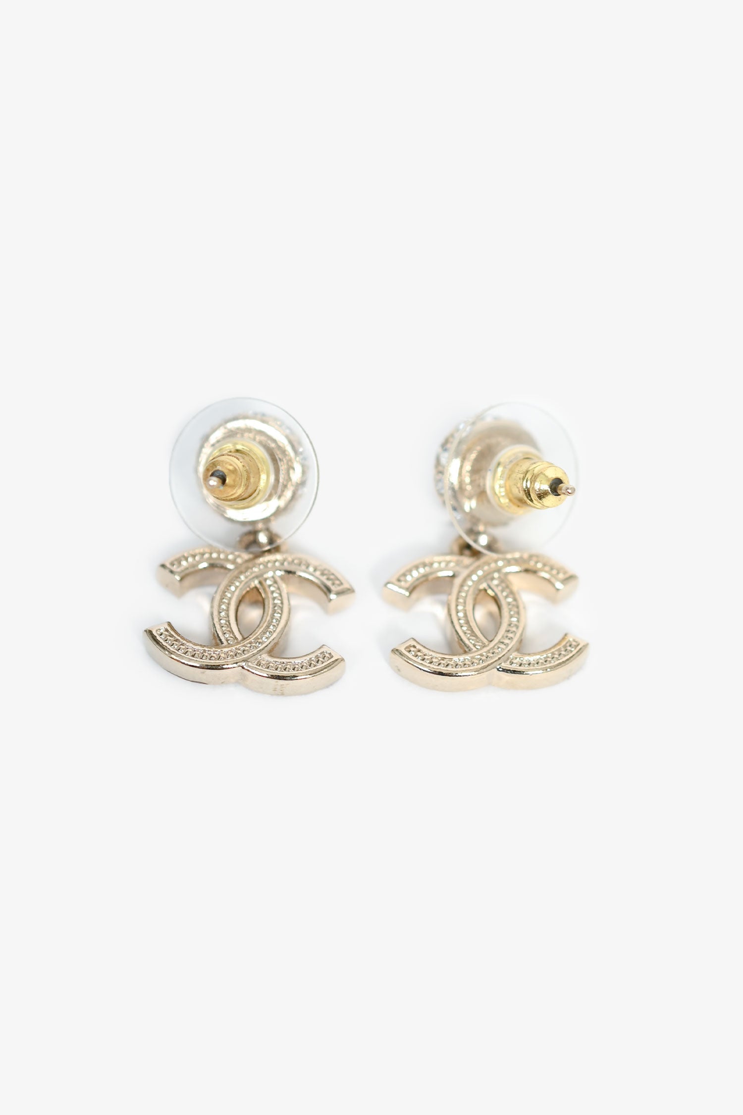 Chanel™ 2022 Gold Toned Pearl Crystal CC Drop Earring