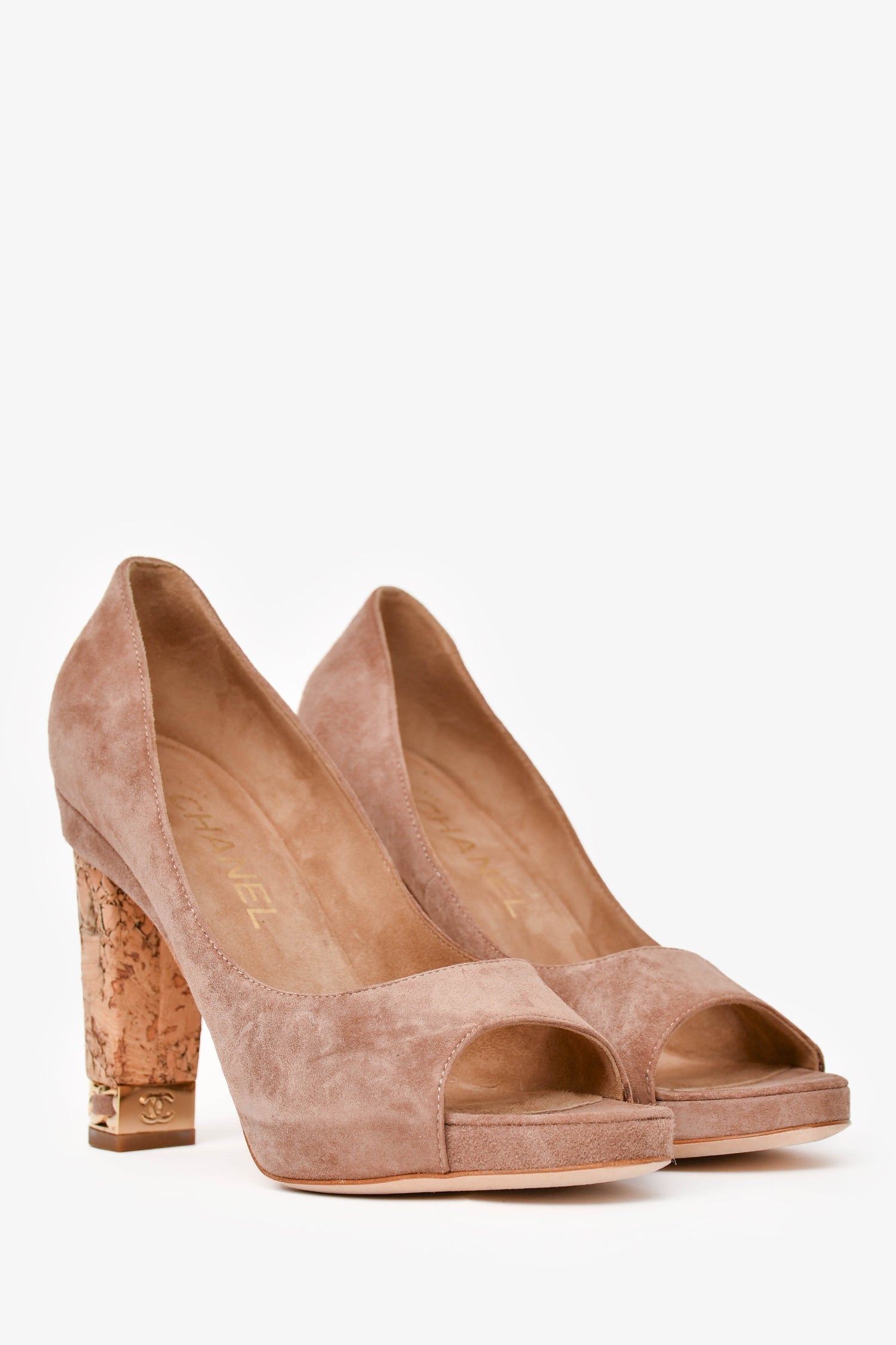 Chanel™ Beige Suede Leather Peep Toes Heels Size 36.5