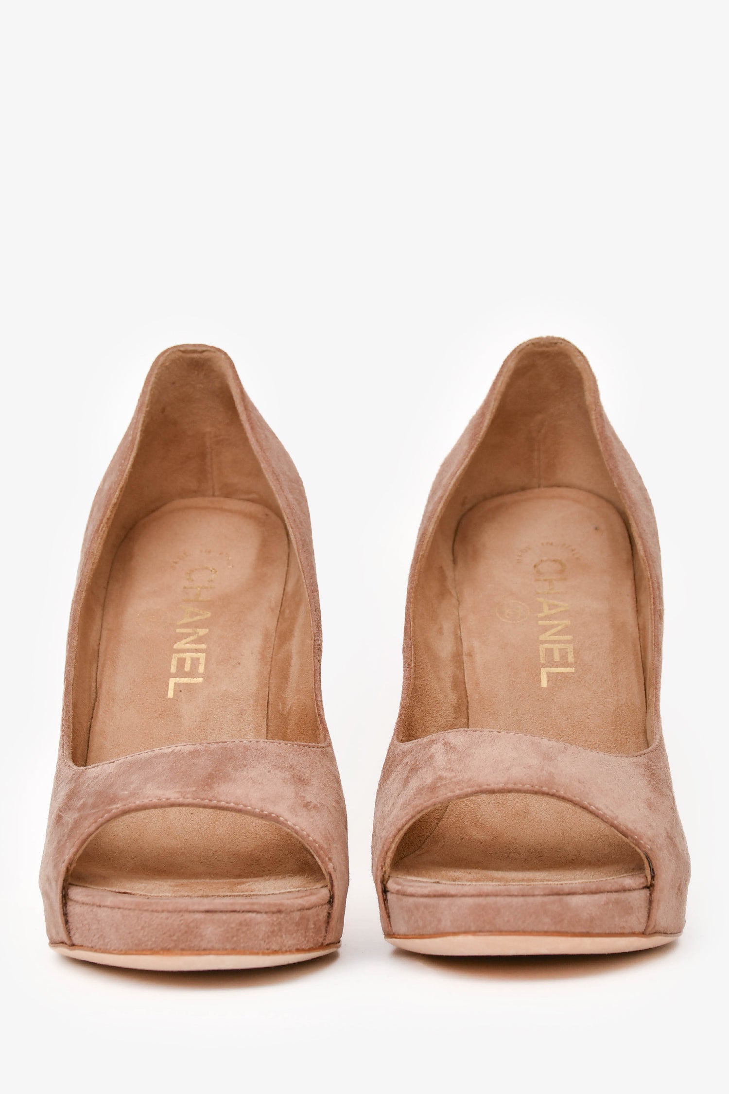 Chanel™ Beige Suede Leather Peep Toes Heels Size 36.5