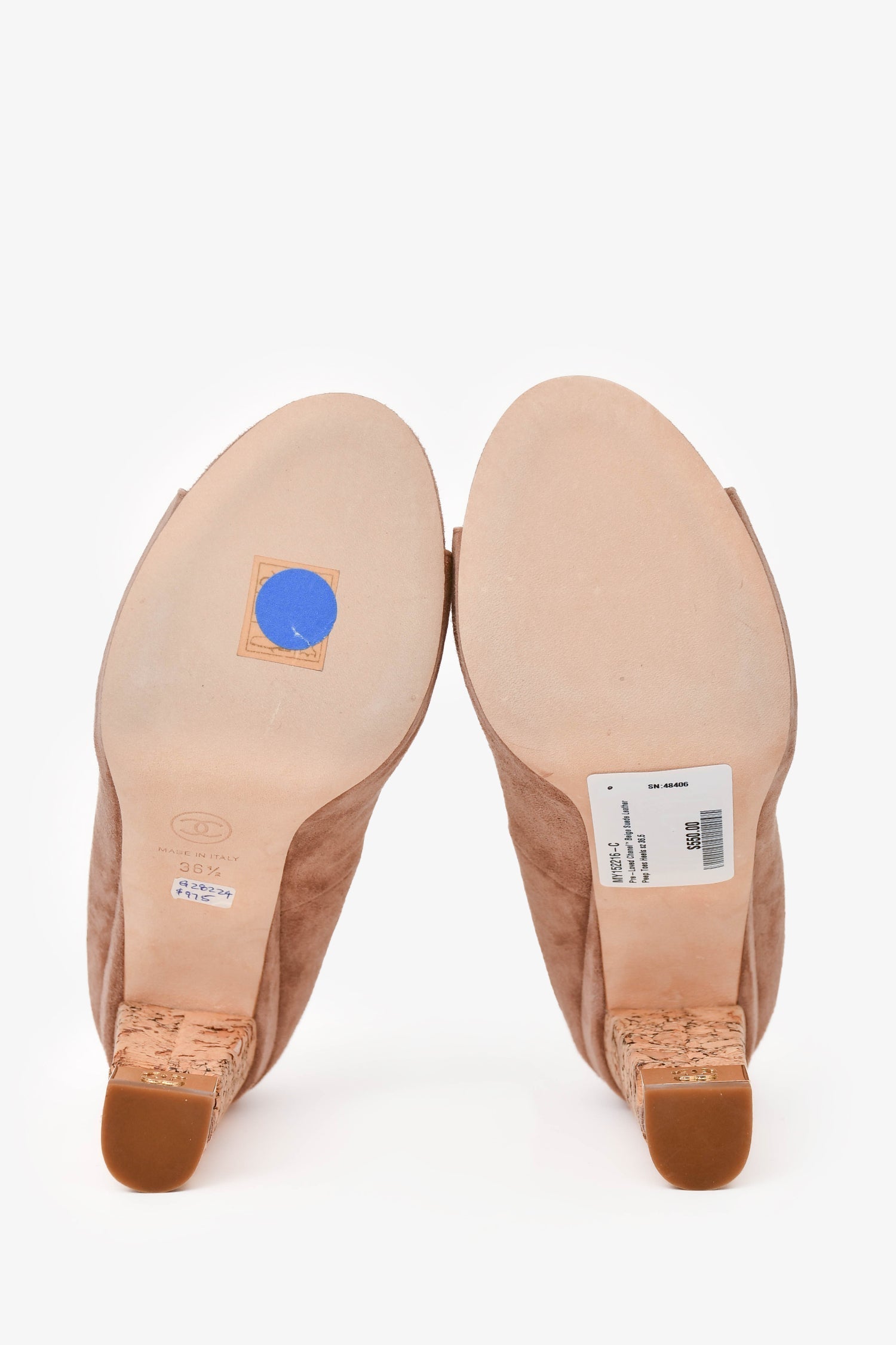 Chanel™ Beige Suede Leather Peep Toes Heels Size 36.5