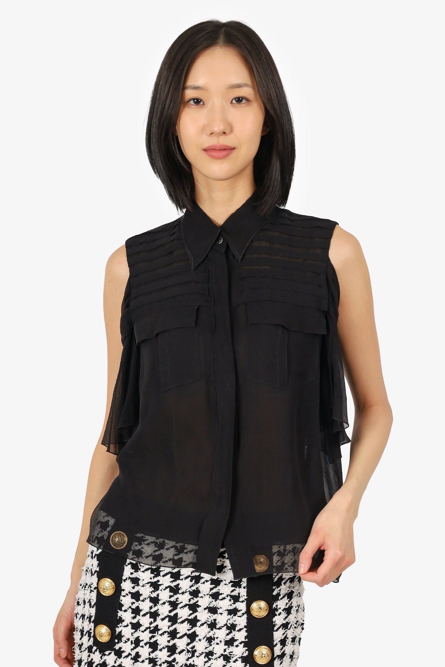 Chanel™ 06A Black Silk Ruffled Off-The-Shoulder Blouse Size 38