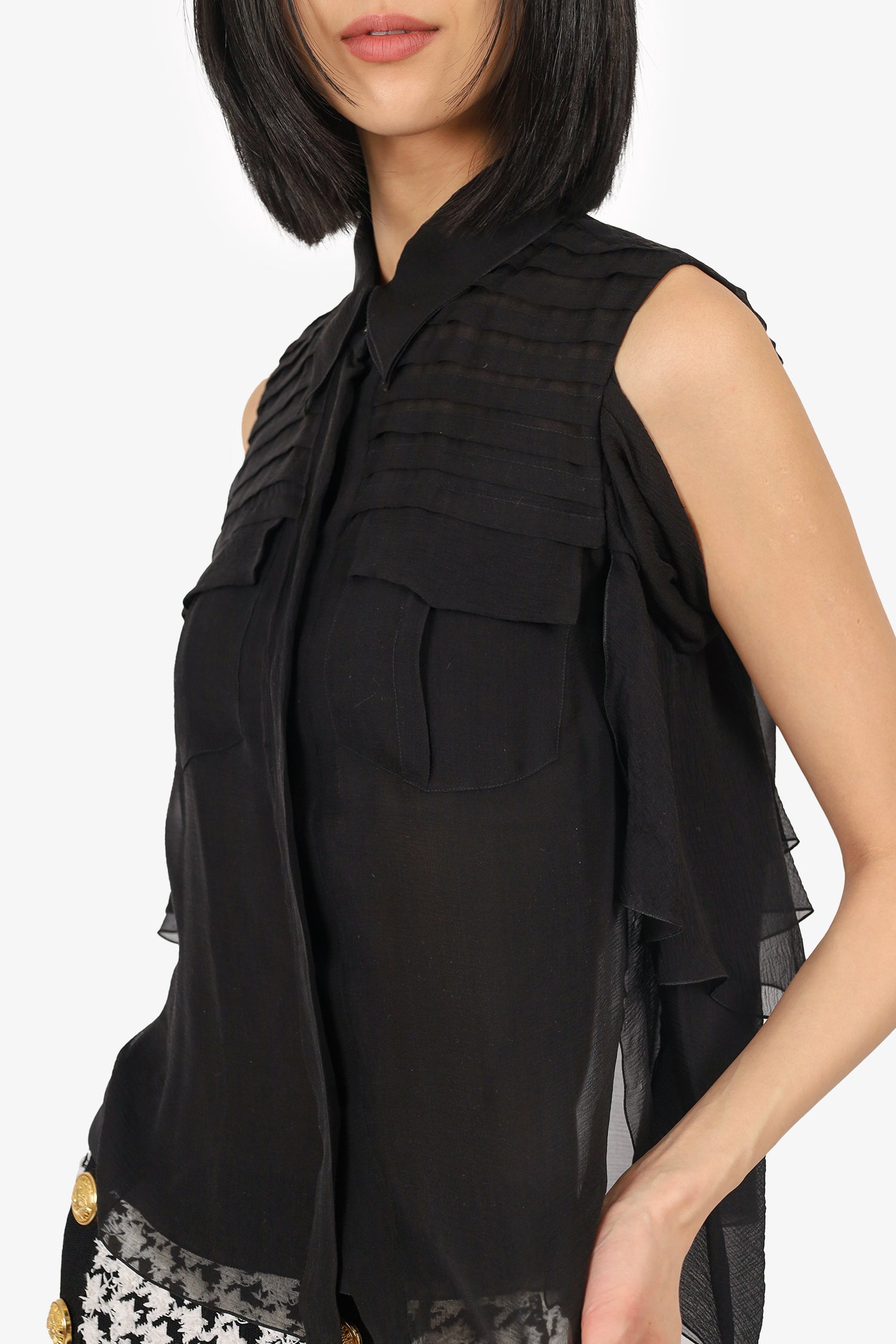 Chanel™ 06A Black Silk Ruffled Off-The-Shoulder Blouse Size 38