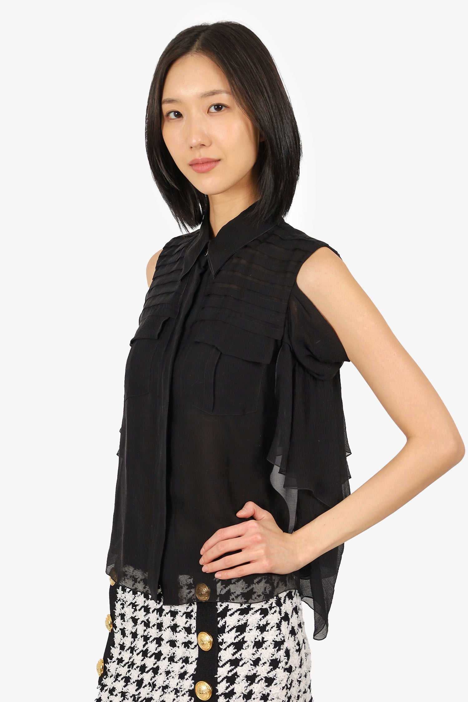 Chanel™ 06A Black Silk Ruffled Off-The-Shoulder Blouse Size 38