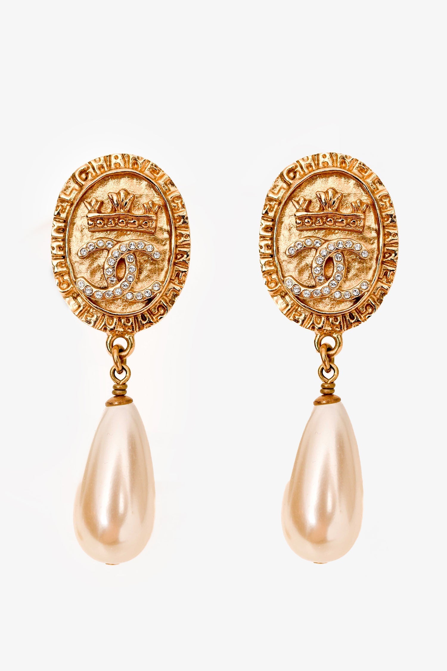 Chanel™ 2021 Gold Tone Crystal Embellished Faux Pearl Pendant Earrings