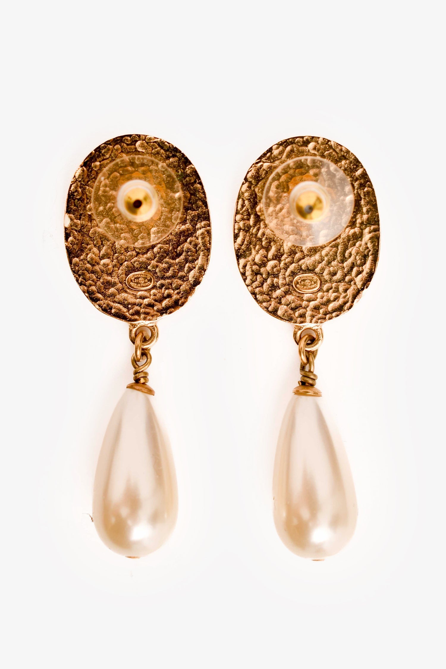 Chanel™ 2021 Gold Tone Crystal Embellished Faux Pearl Pendant Earrings