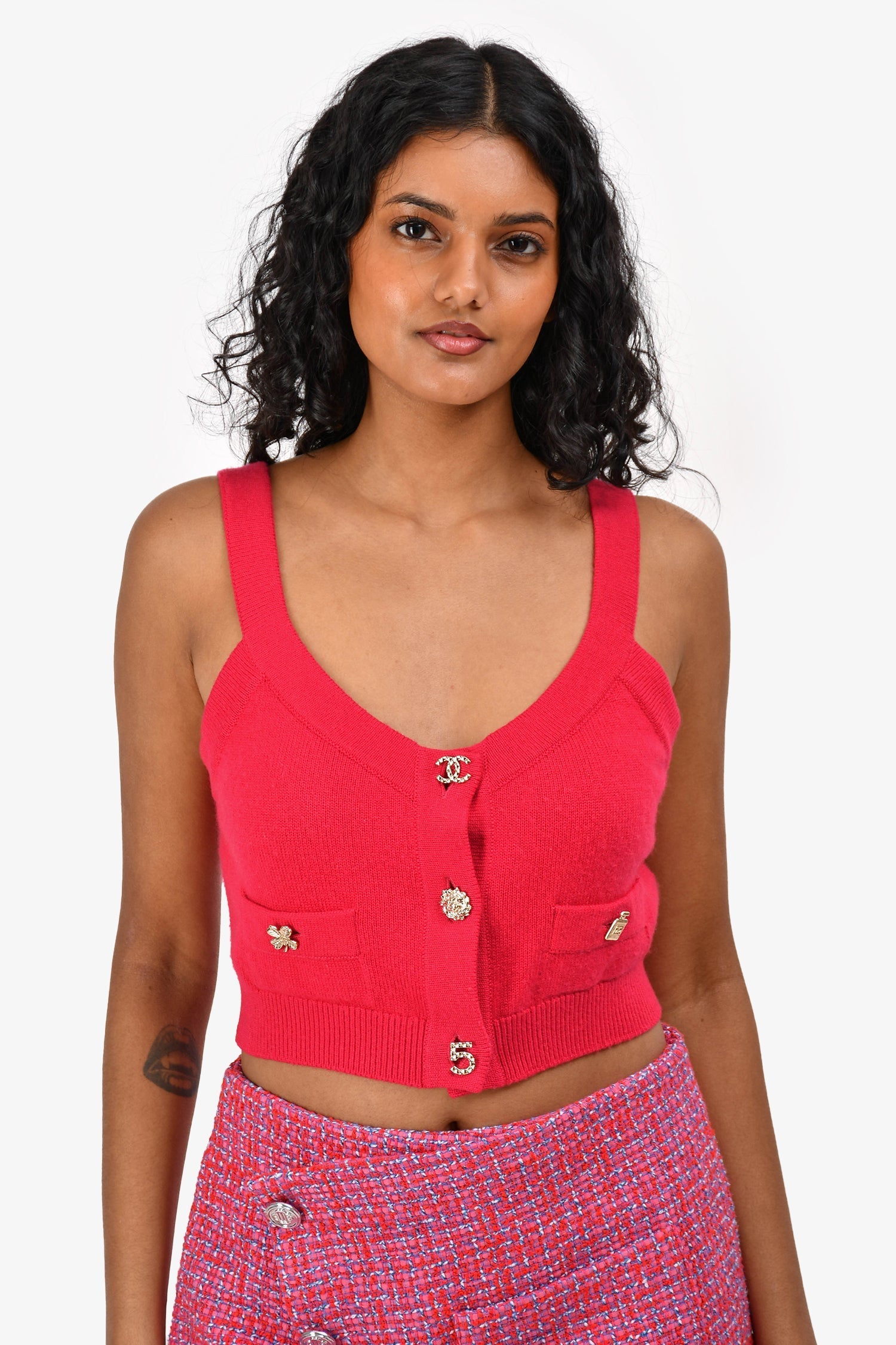 Chanel™ 2022 Pink Cashmere CC Button Crop Top Size 36