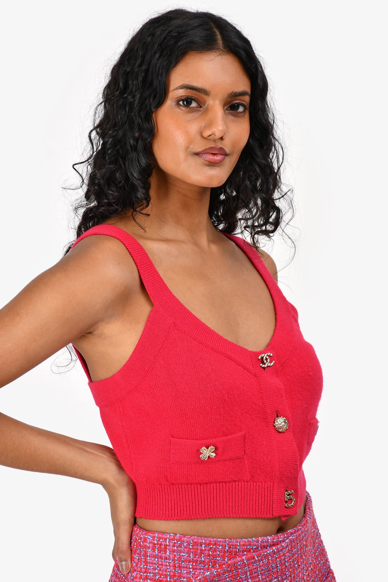 Chanel™ 2022 Pink Cashmere CC Button Crop Top Size 36