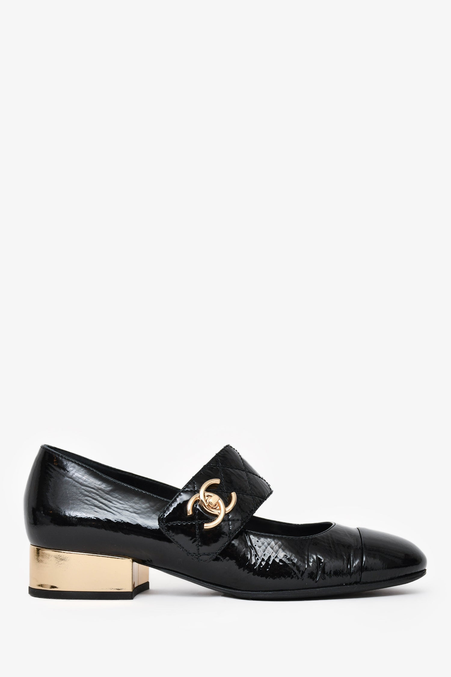 Chanel™ Black Patent Leather CC Gold Heel Mary Jane Pumps Size 36.5