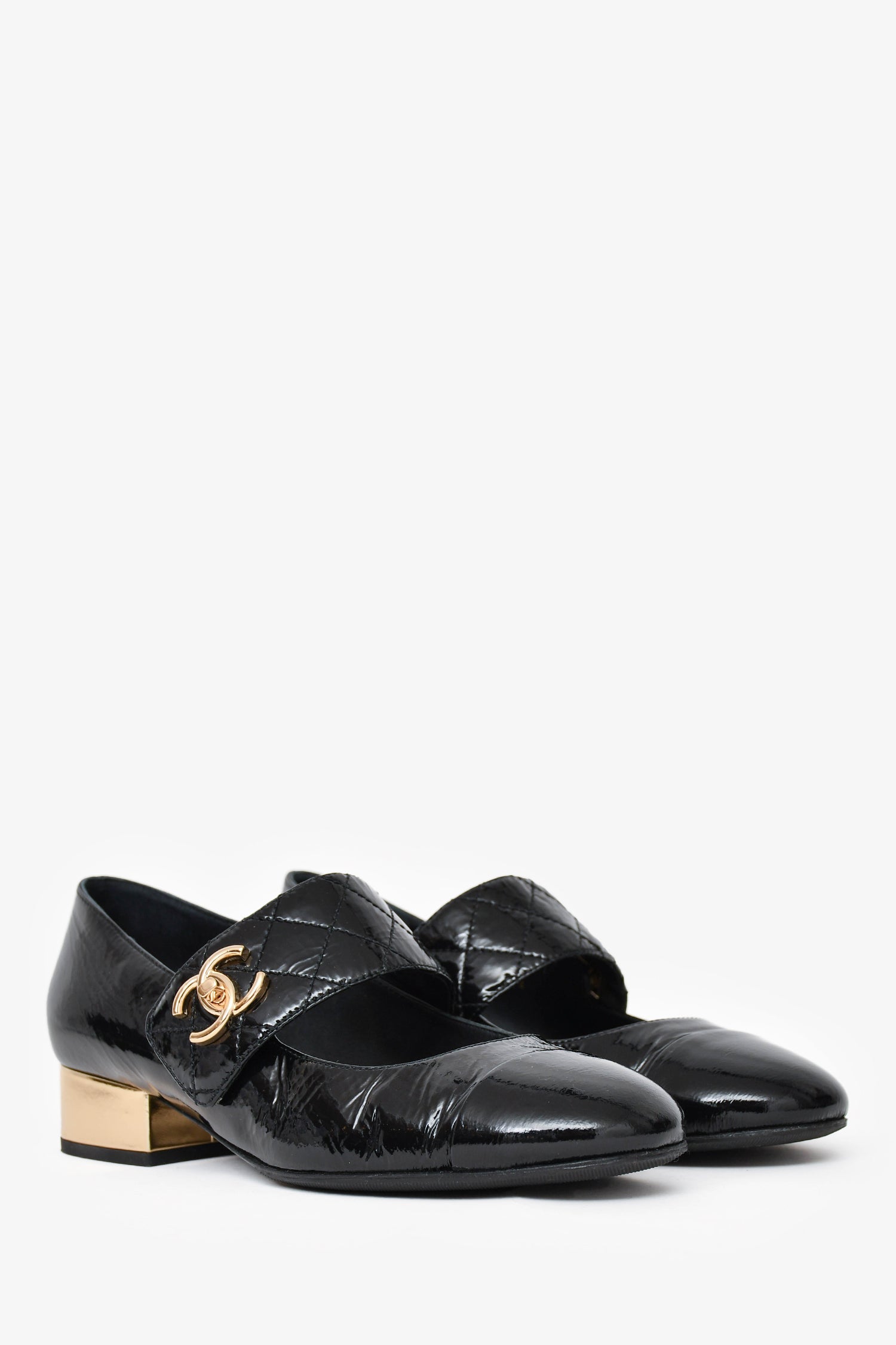 Chanel™ Black Patent Leather CC Gold Heel Mary Jane Pumps Size 36.5