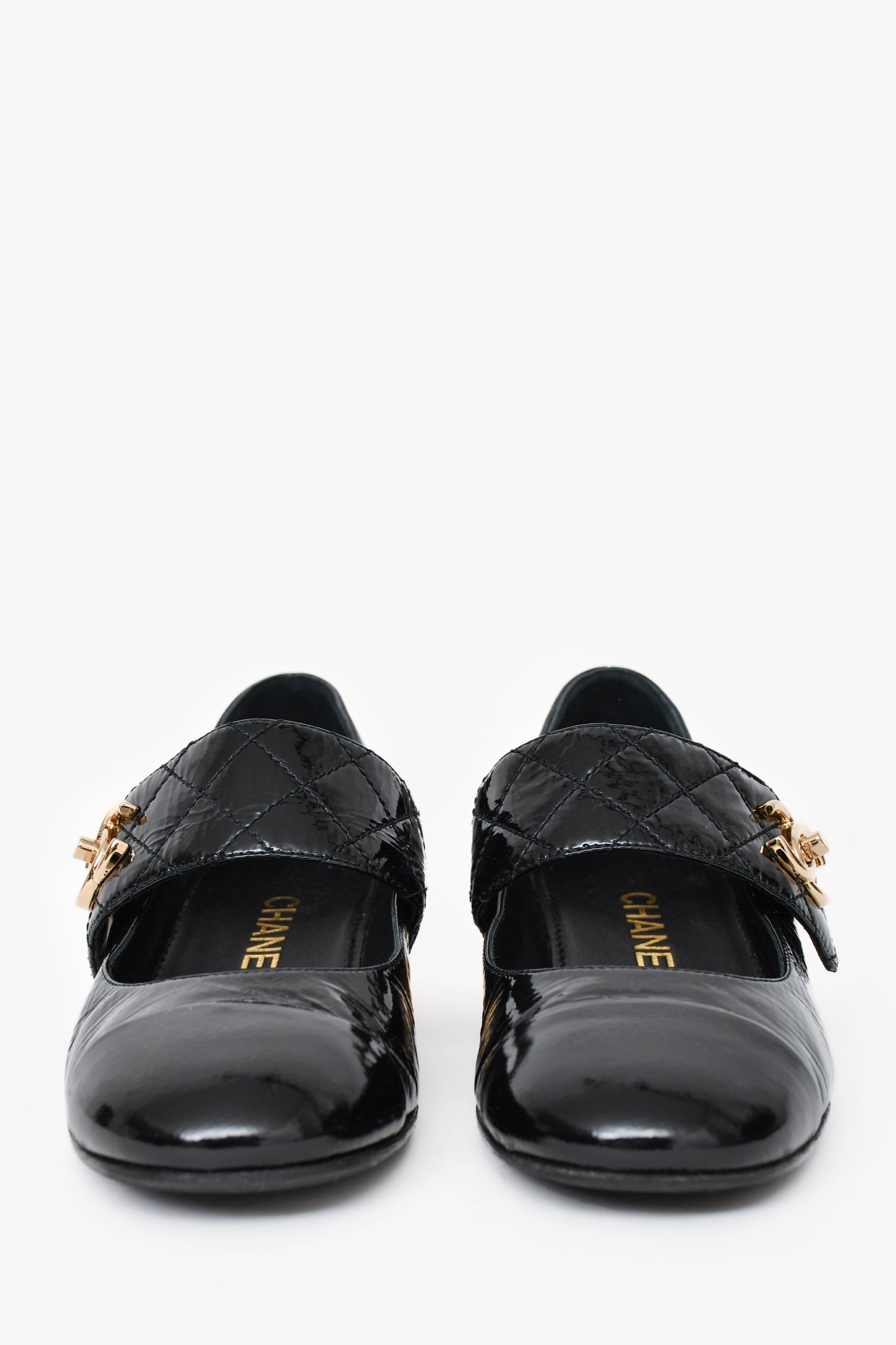 Chanel™ Black Patent Leather CC Gold Heel Mary Jane Pumps Size 36.5