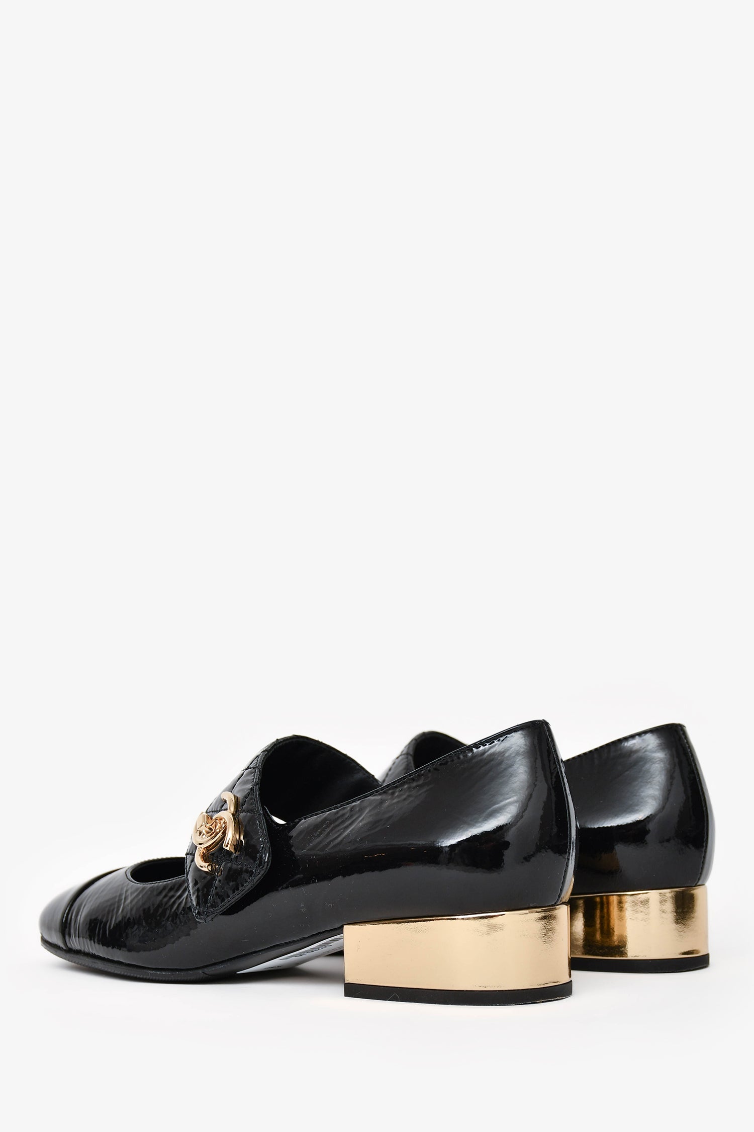 Chanel™ Black Patent Leather CC Gold Heel Mary Jane Pumps Size 36.5