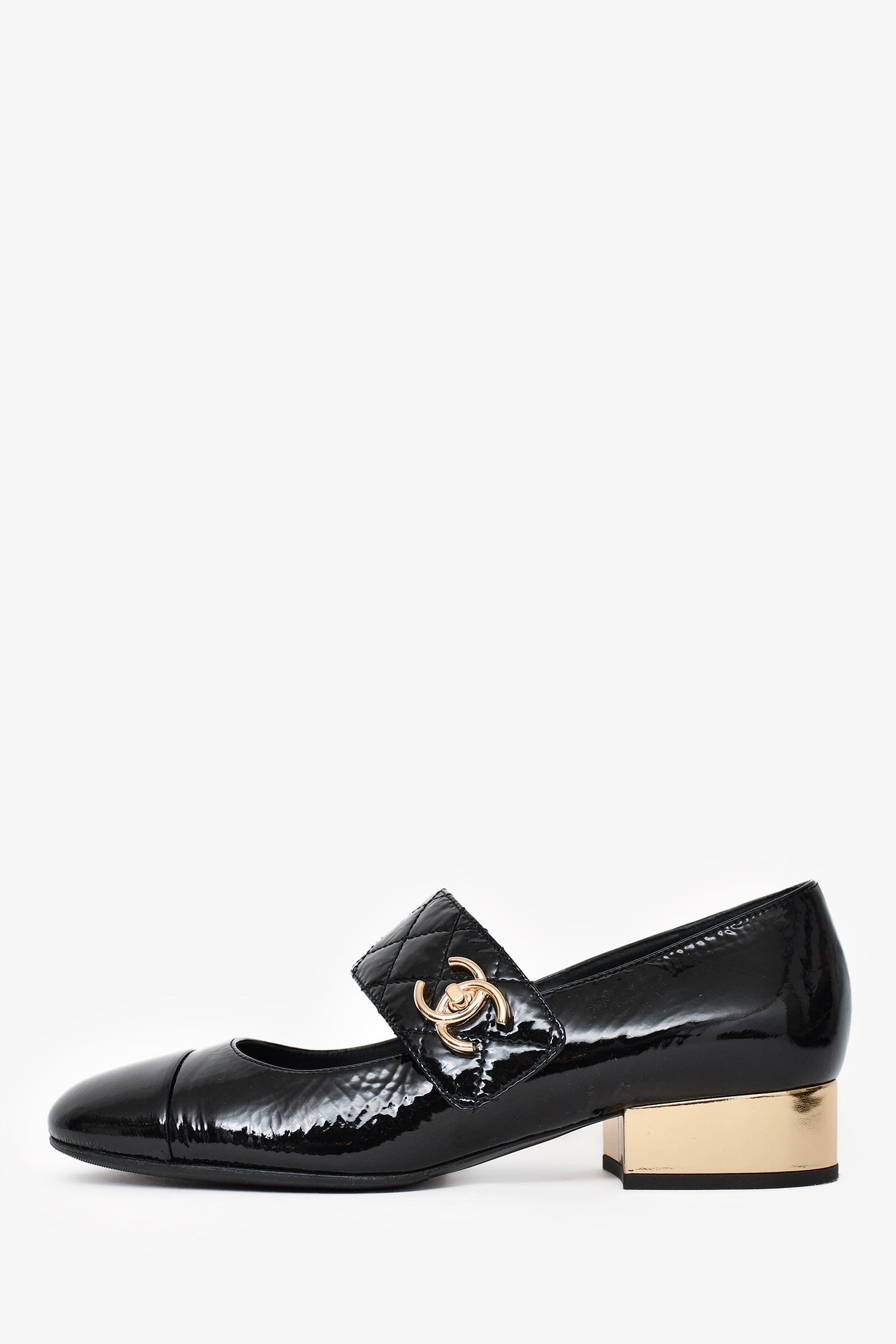 Chanel™ Black Patent Leather CC Gold Heel Mary Jane Pumps Size 36.5