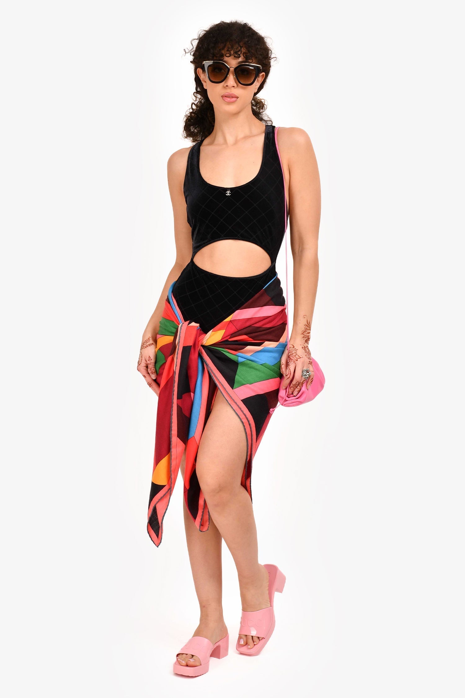 Chanel™ 2024 Black Quilted Velvet Cutout One Piece Swim Suit with Crystal CC Size 36
