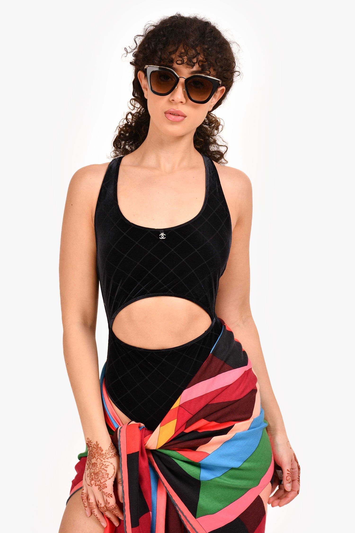 Chanel™ 2024 Black Quilted Velvet Cutout One Piece Swim Suit with Crystal CC Size 36