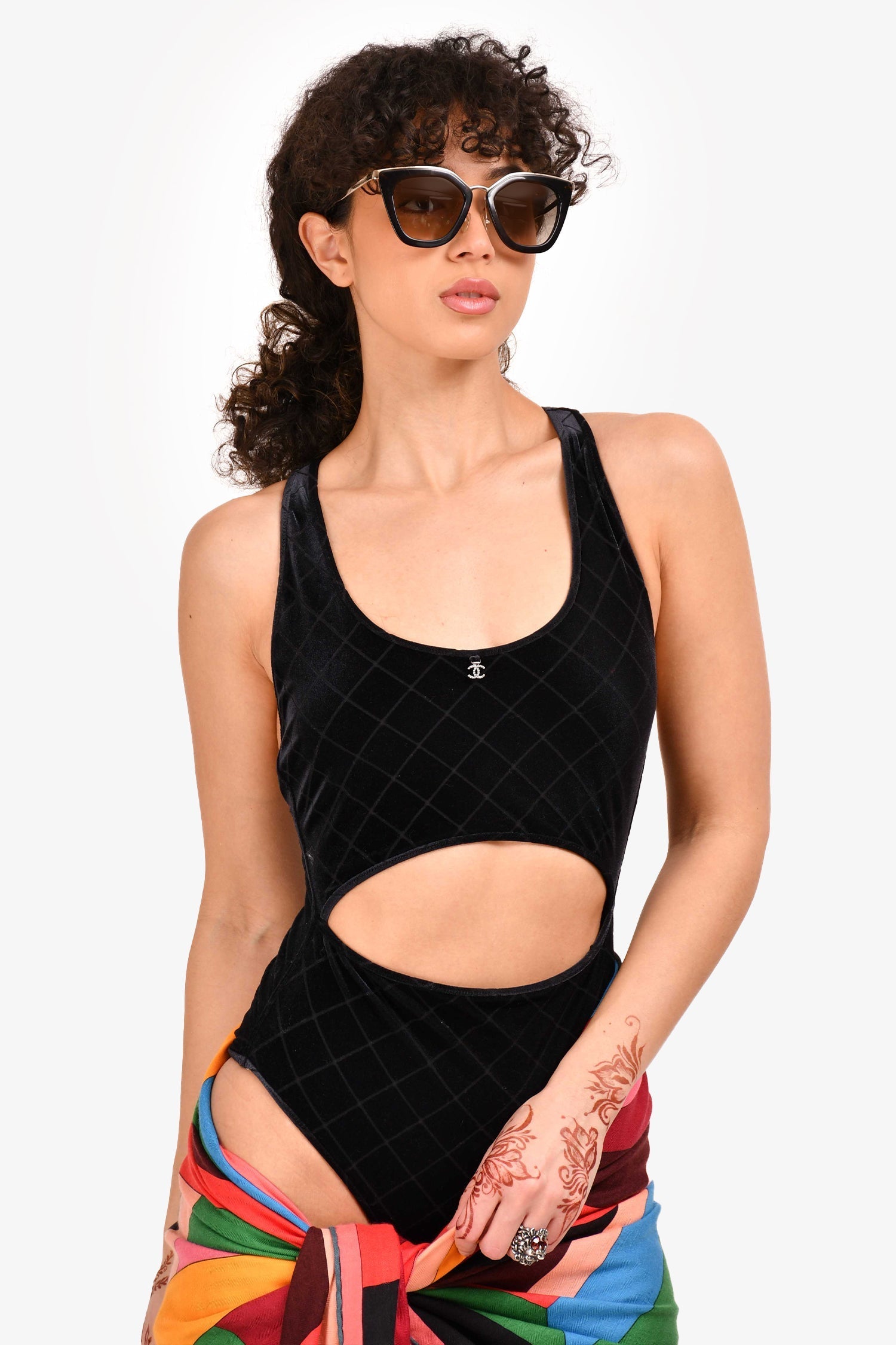 Chanel™ 2024 Black Quilted Velvet Cutout One Piece Swim Suit with Crystal CC Size 36