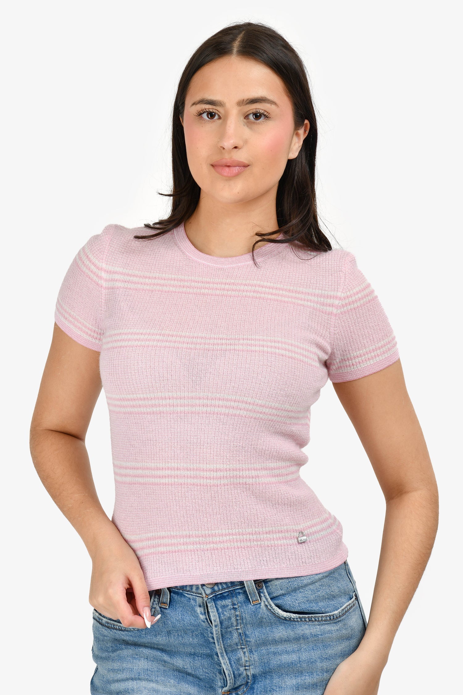 Chanel™ 2024 Pink/White Striped Knit Crewneck Top with Silver Purse Charm Size 34