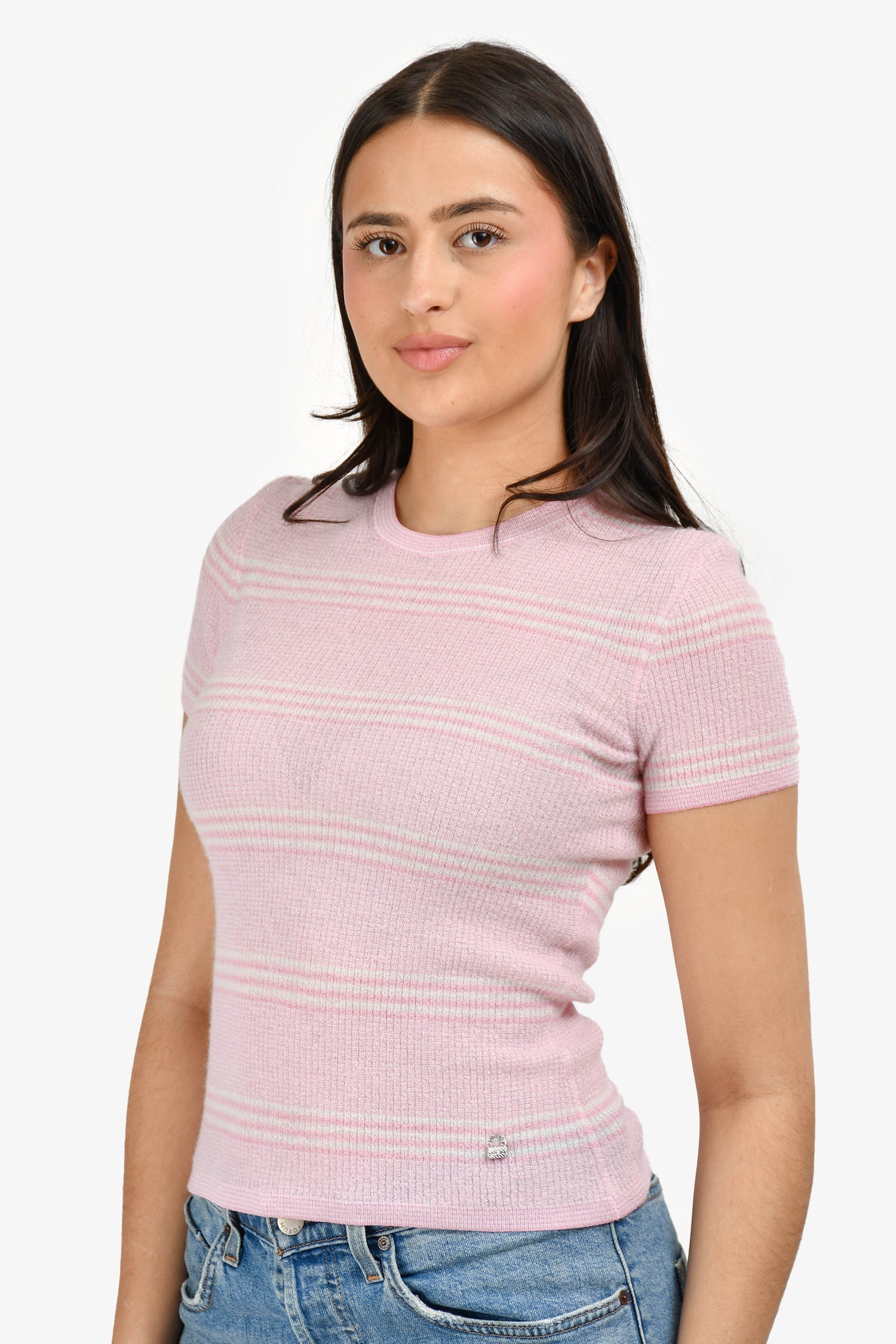 Chanel™ 2024 Pink/White Striped Knit Crewneck Top with Silver Purse Charm Size 34