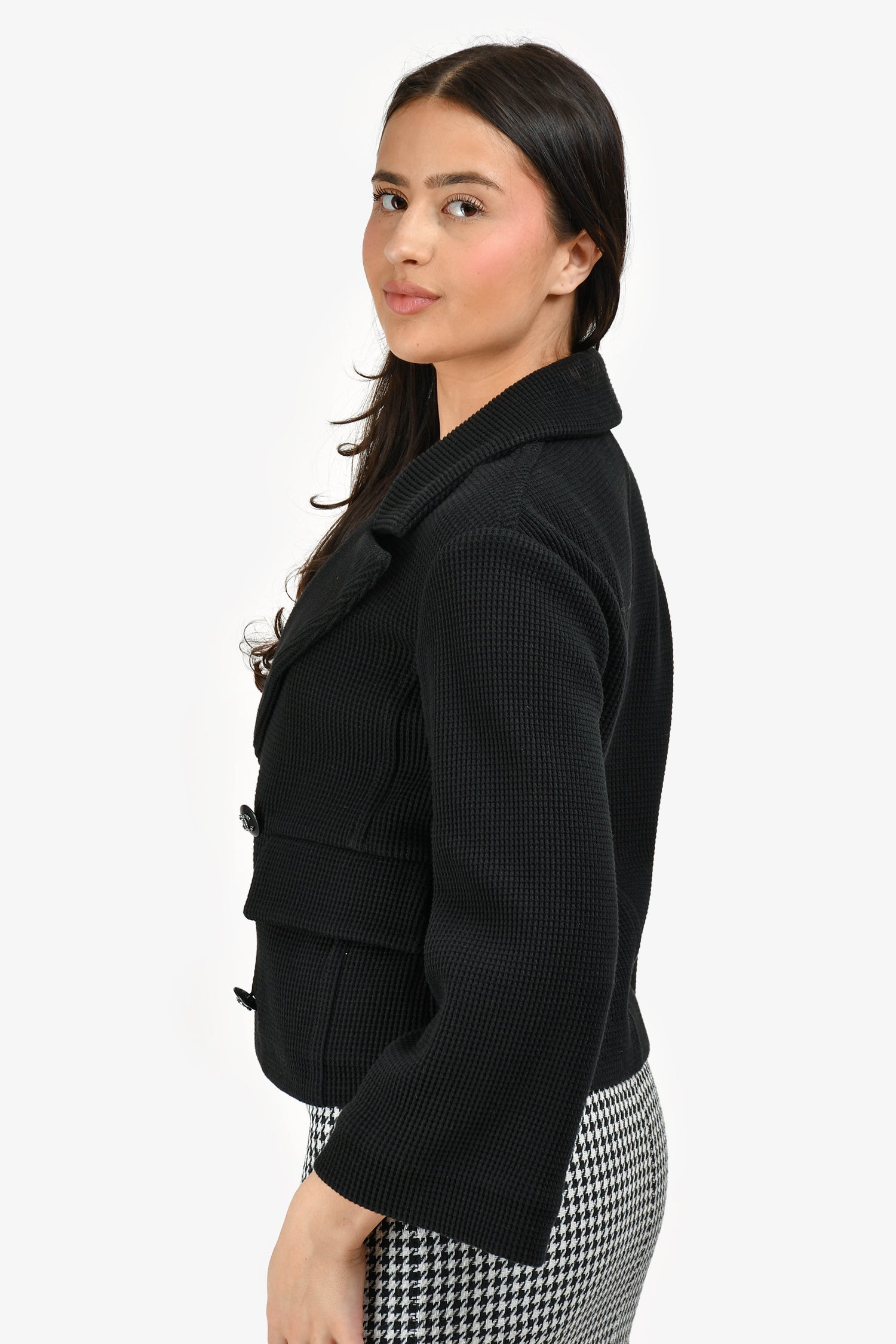 Chanel™ Black Cotton Chain-Detailed Hem CC Button Jacket Size 38