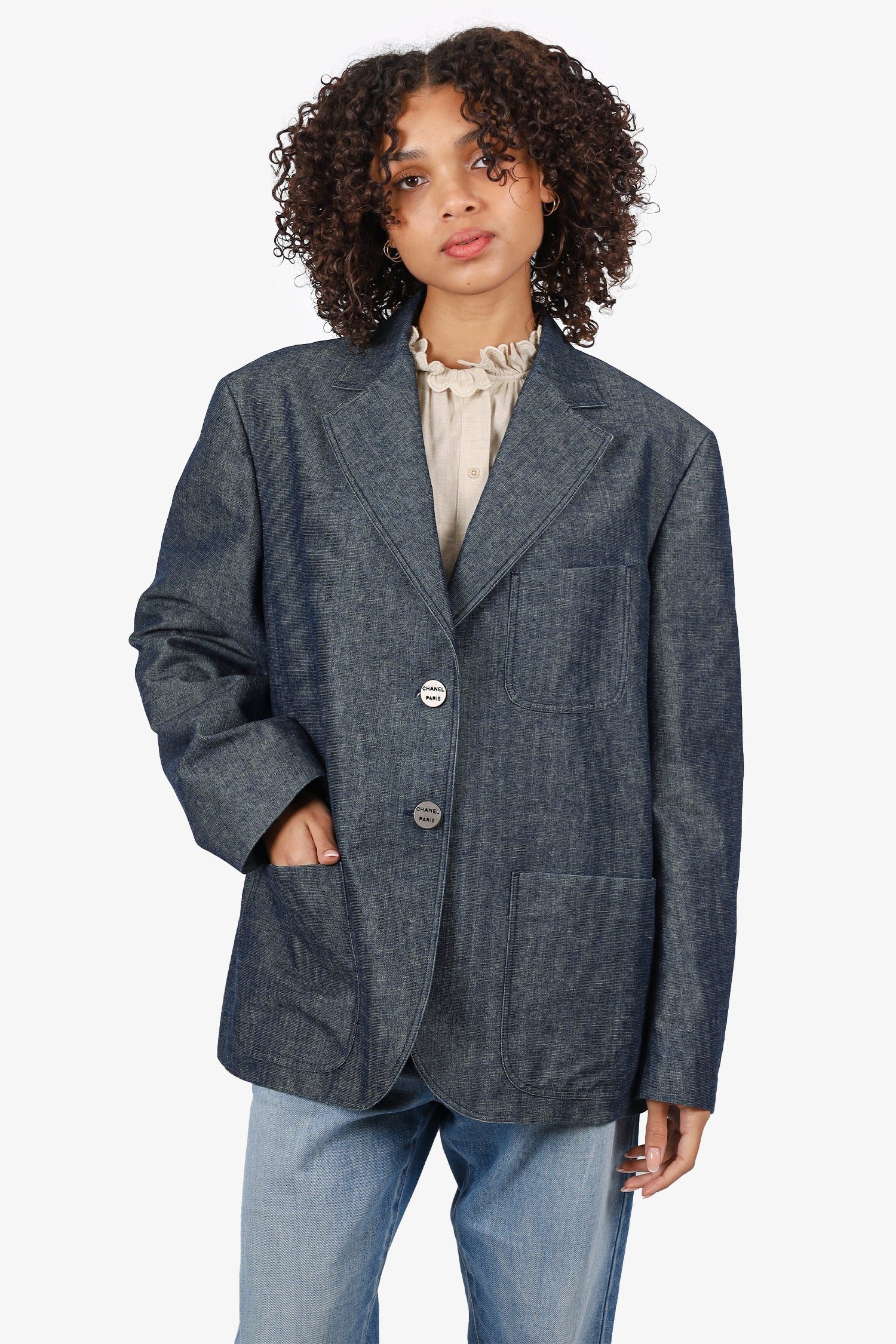 Chanel™ 00C Dark Blue Denim CC Button Blazer Size 48