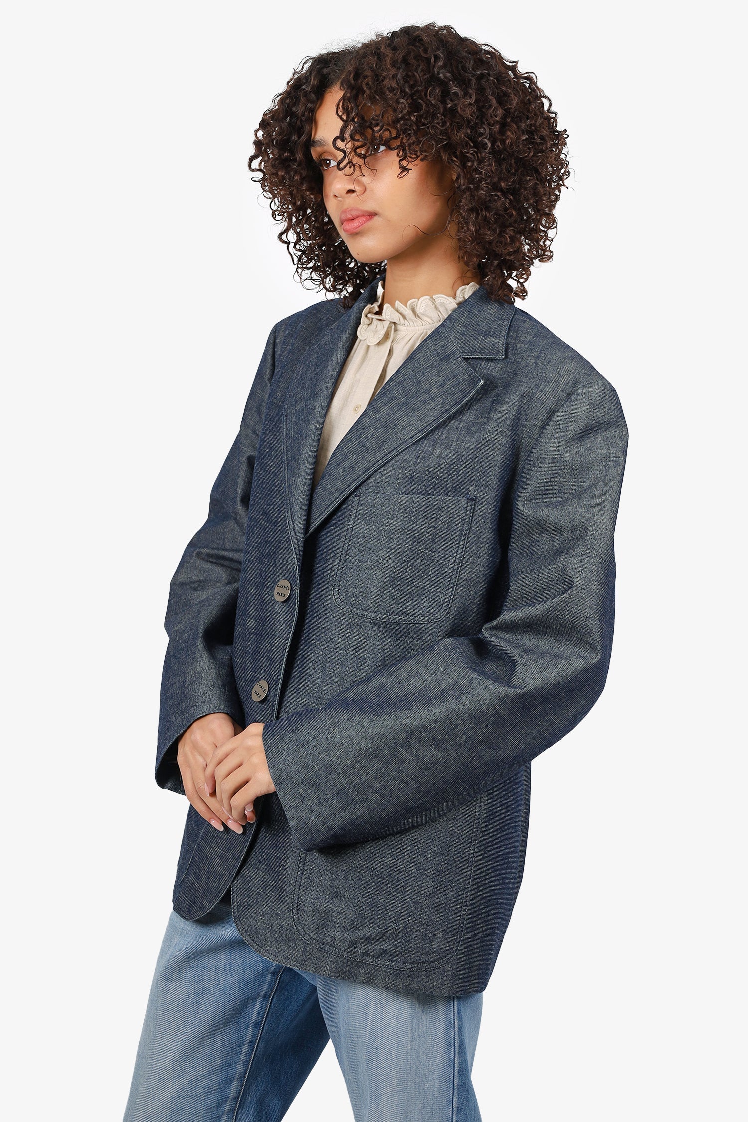 Chanel™ 00C Dark Blue Denim CC Button Blazer Size 48