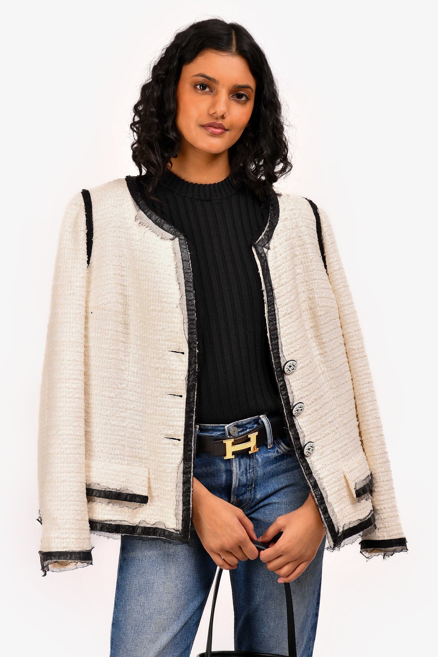 Chanel™ 2009 White Leather Trim Detailed Tweed Jacket Size 48 (As Is)
