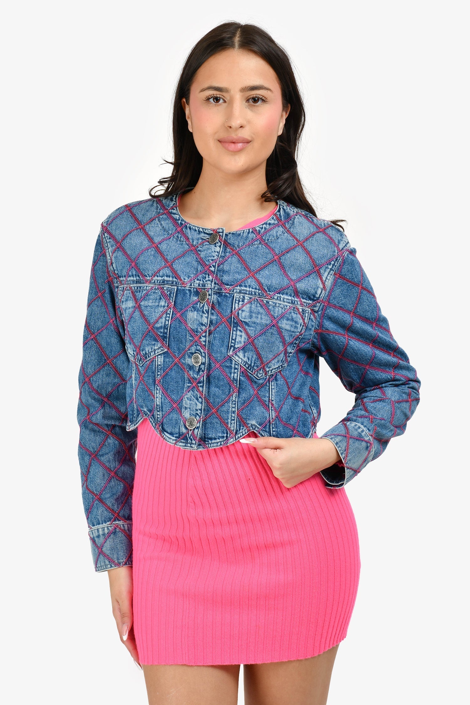 Chanel™ Blue/Pink Denim Embroidered 'Coco Beach' Jacket Size 34