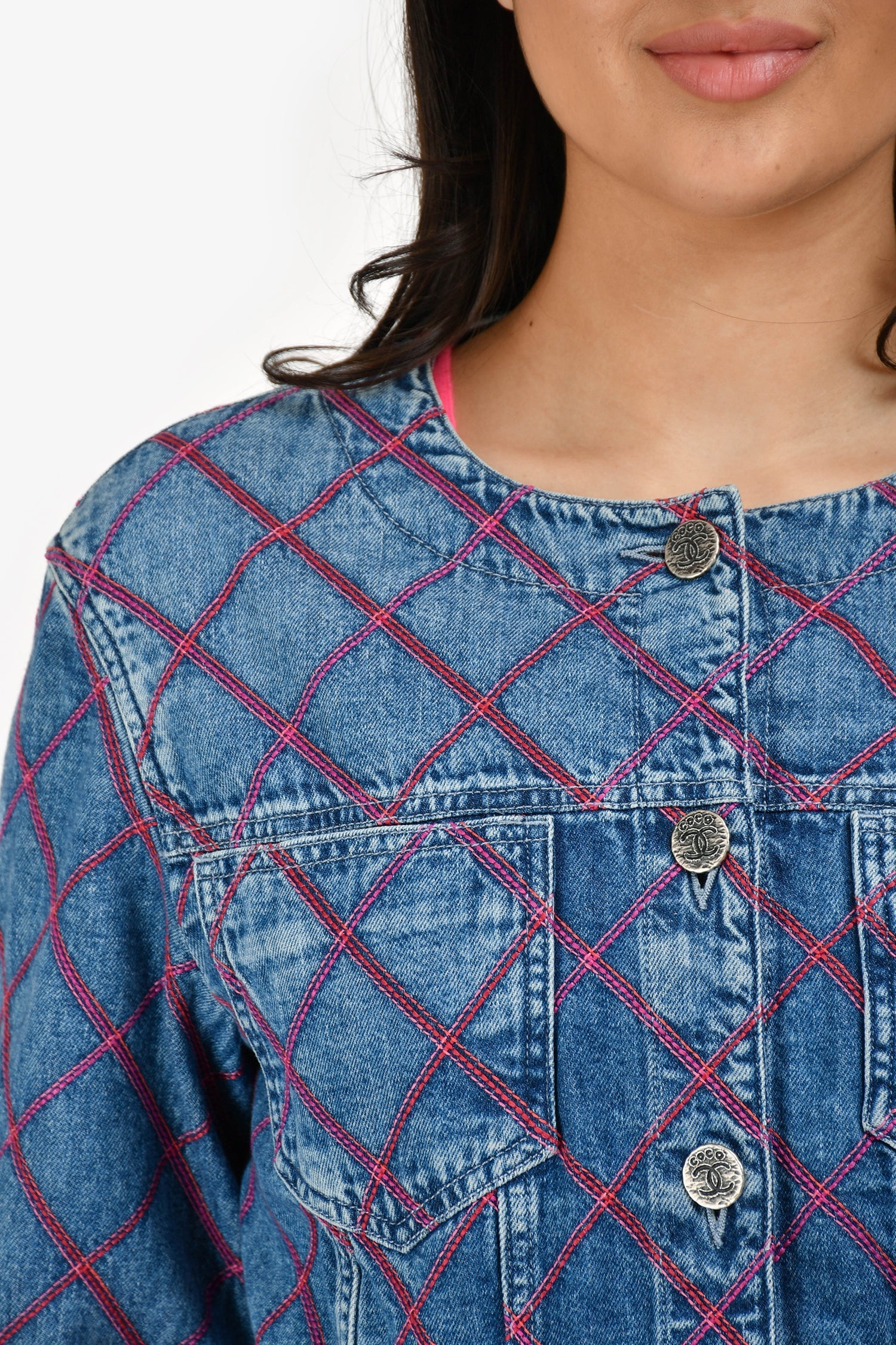 Chanel™ Blue/Pink Denim Embroidered 'Coco Beach' Jacket Size 34