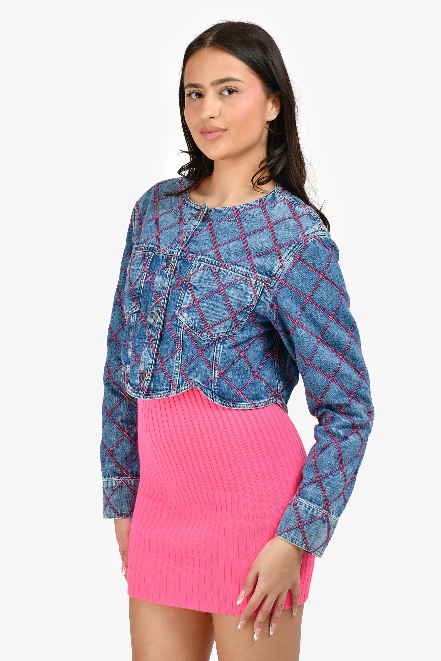 Chanel™ Blue/Pink Denim Embroidered 'Coco Beach' Jacket Size 34