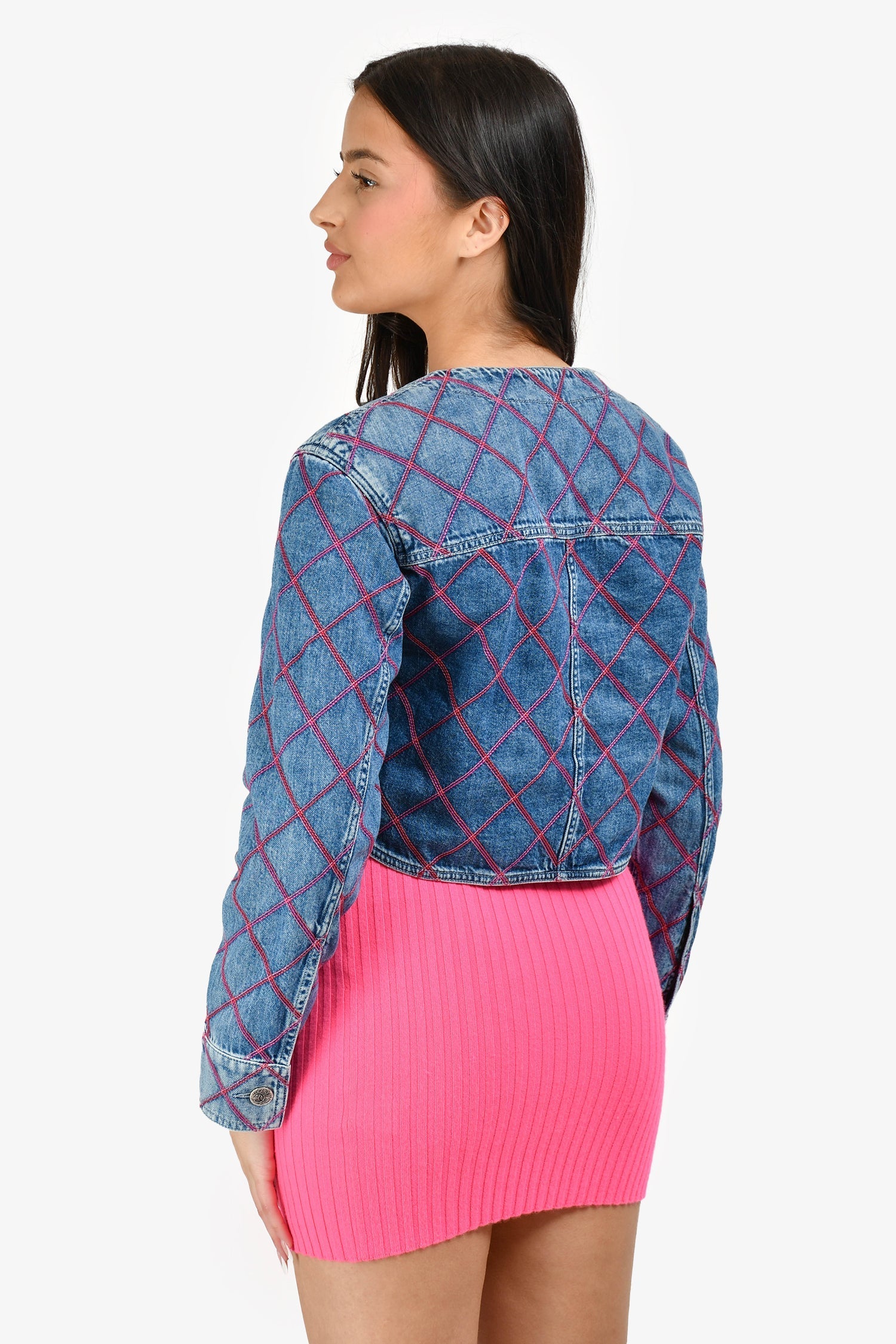 Chanel™ Blue/Pink Denim Embroidered 'Coco Beach' Jacket Size 34