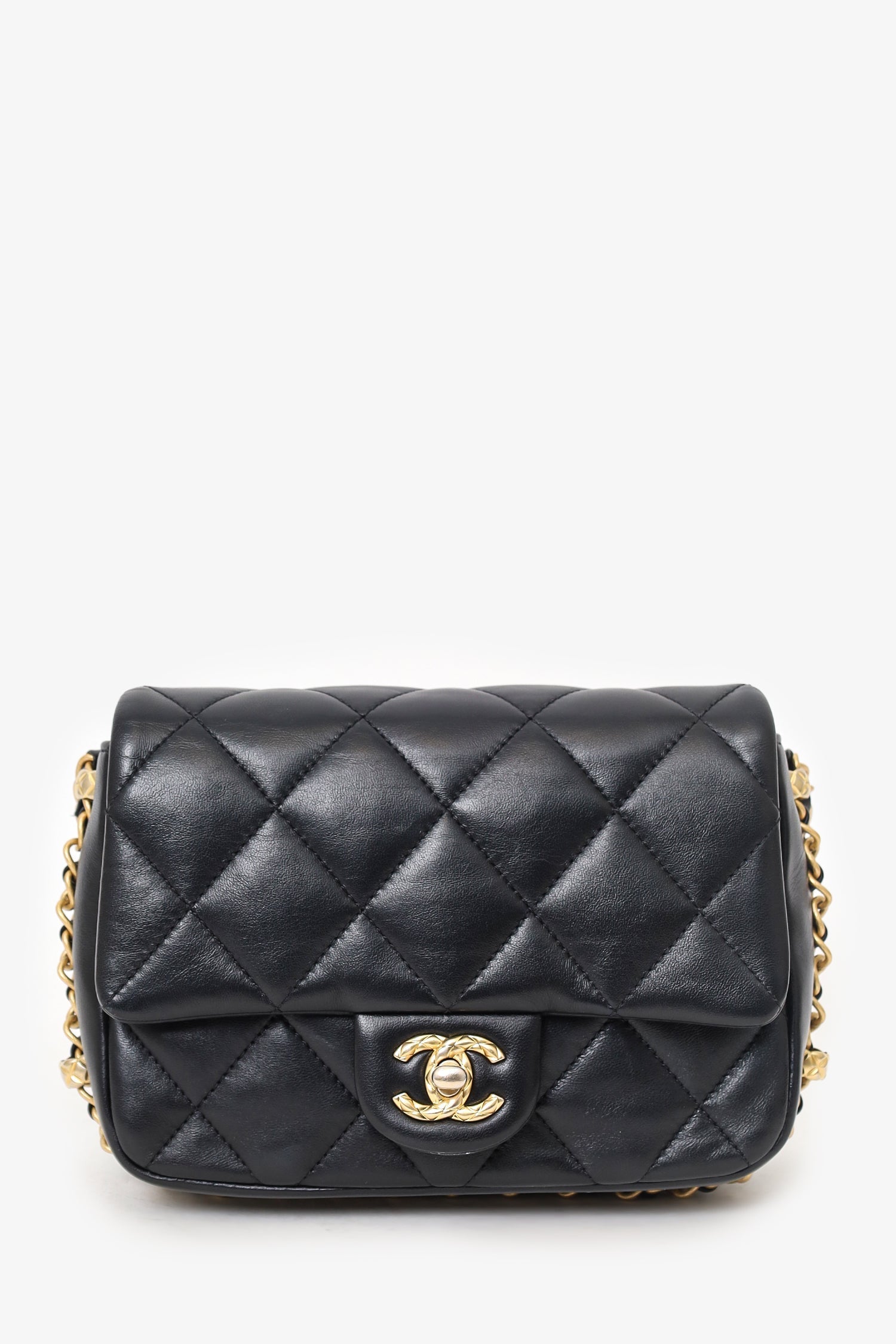 Chanel™ 2023 Black Quilted Lambskin Chain Around Mini Square Flap Bag