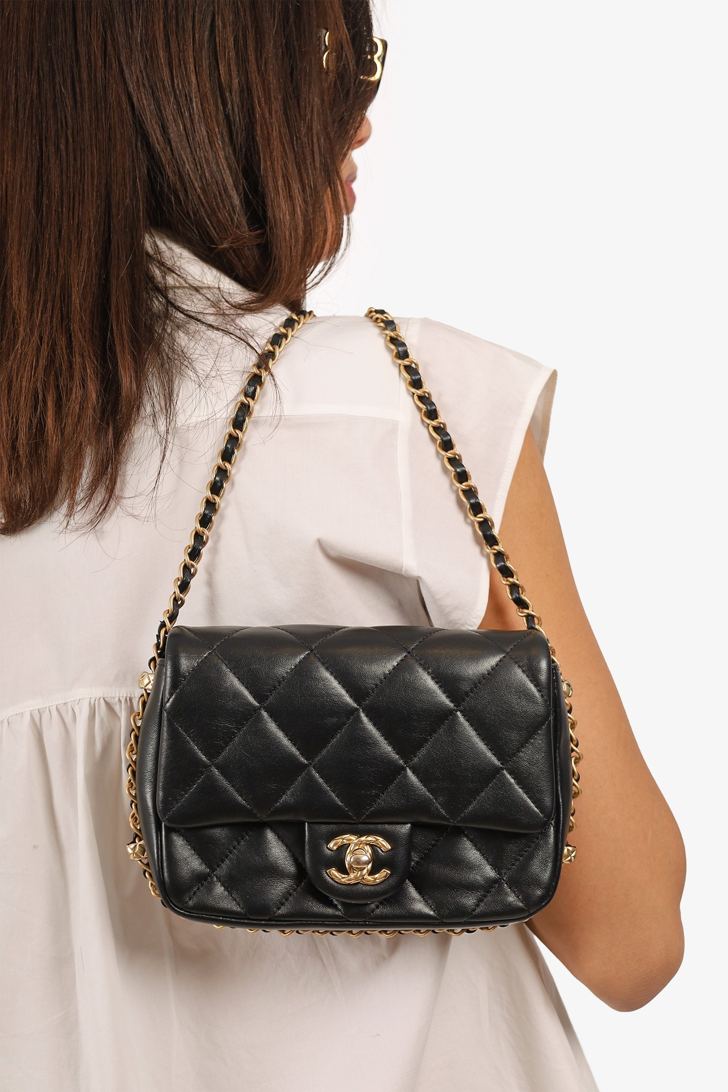 Chanel™ 2023 Black Quilted Lambskin Chain Around Mini Square Flap Bag