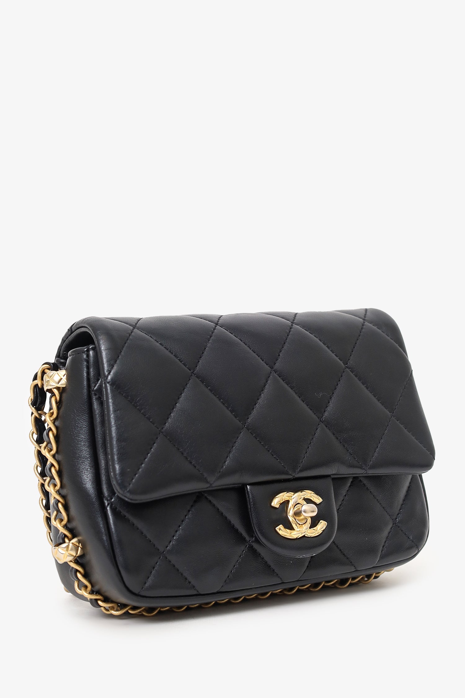 Chanel™ 2023 Black Quilted Lambskin Chain Around Mini Square Flap Bag