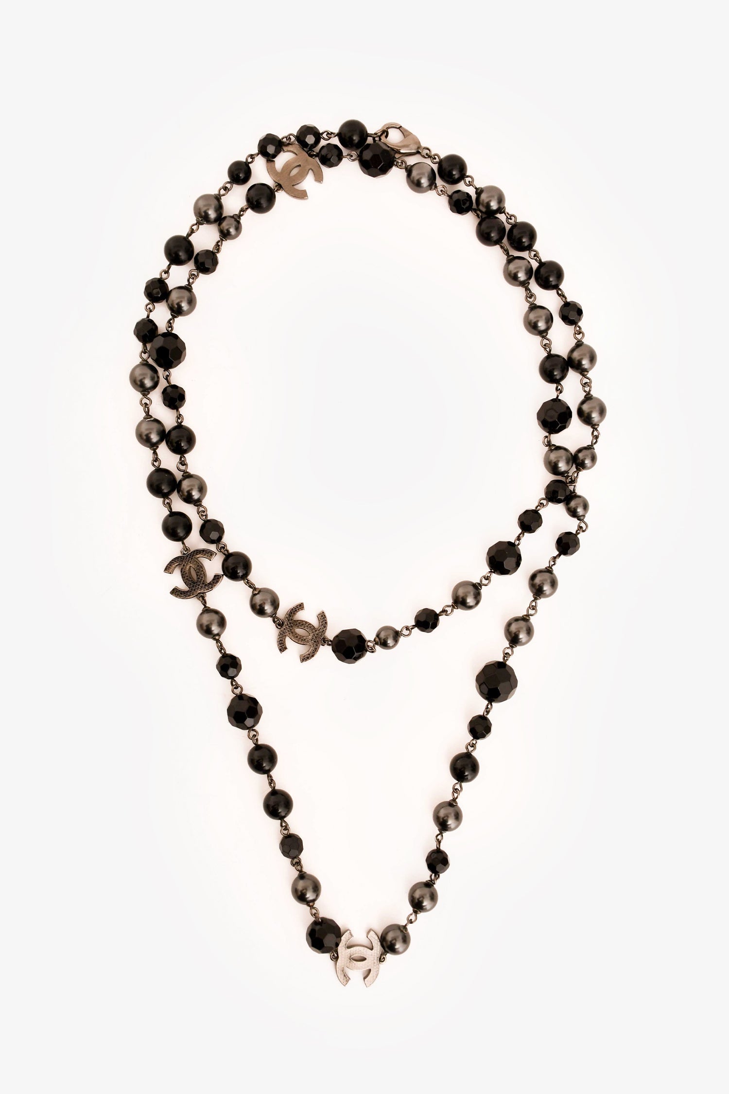 Chanel™ 2015 Black/Grey Faux Pearl CC Station Necklace