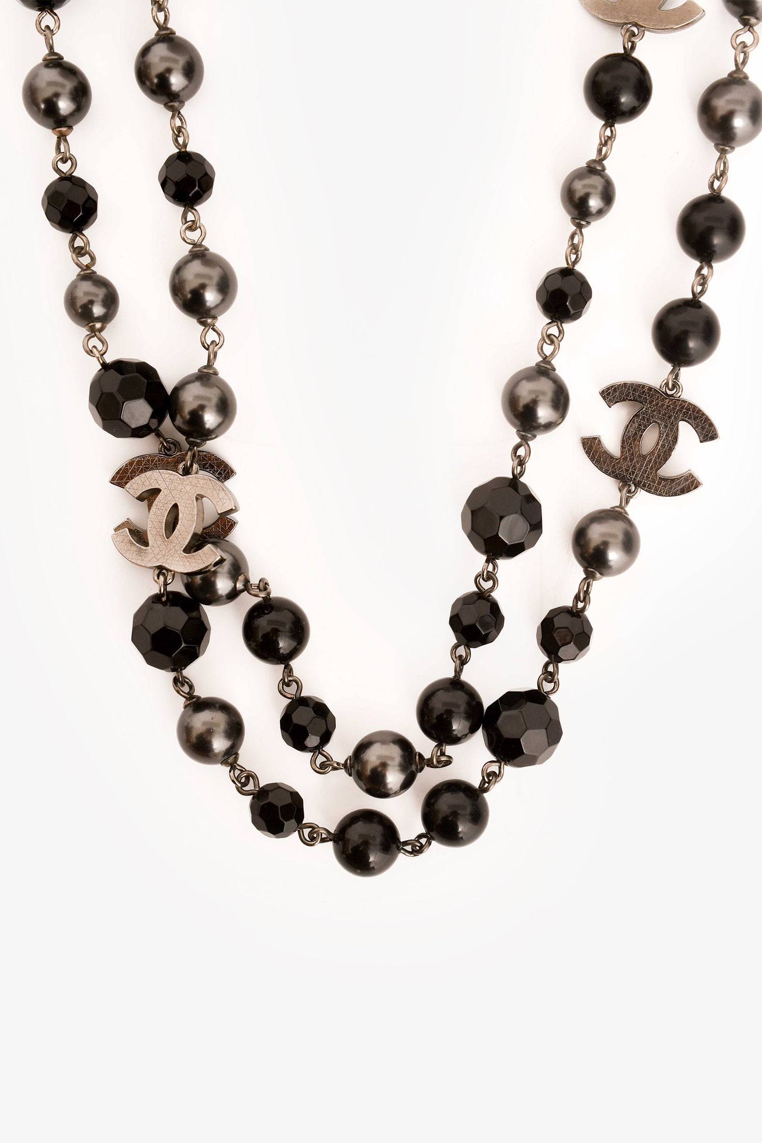 Chanel™ 2015 Black/Grey Faux Pearl CC Station Necklace